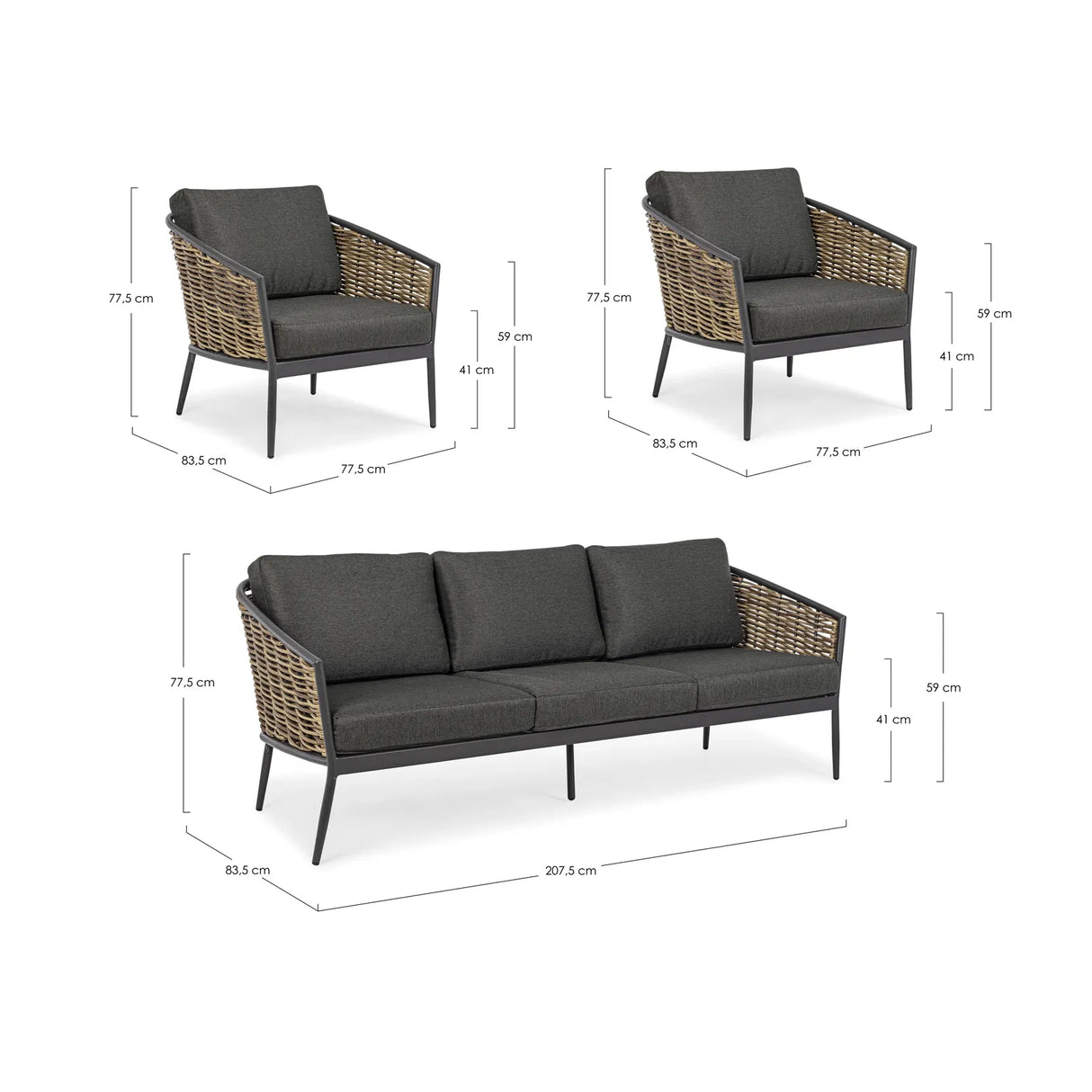 Gartenlounge Set 3er Set Maribela Anthrazit mit Kissen YK13 - ZEN ZONE Furniture