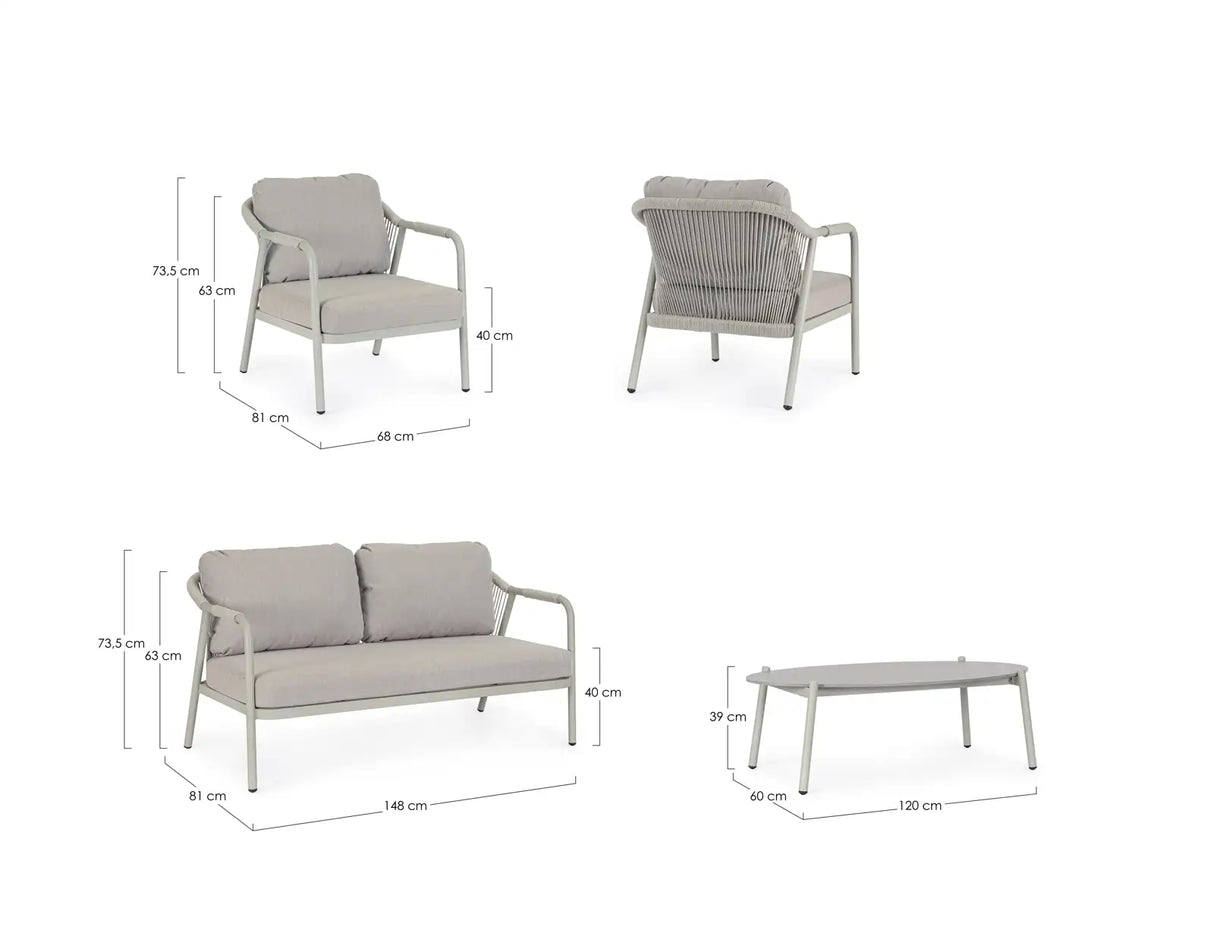 Outdoor 4er-Set Sitzgruppe Miravet C-C Saturn aus Aluminium und Seil - ZEN ZONE Furniture