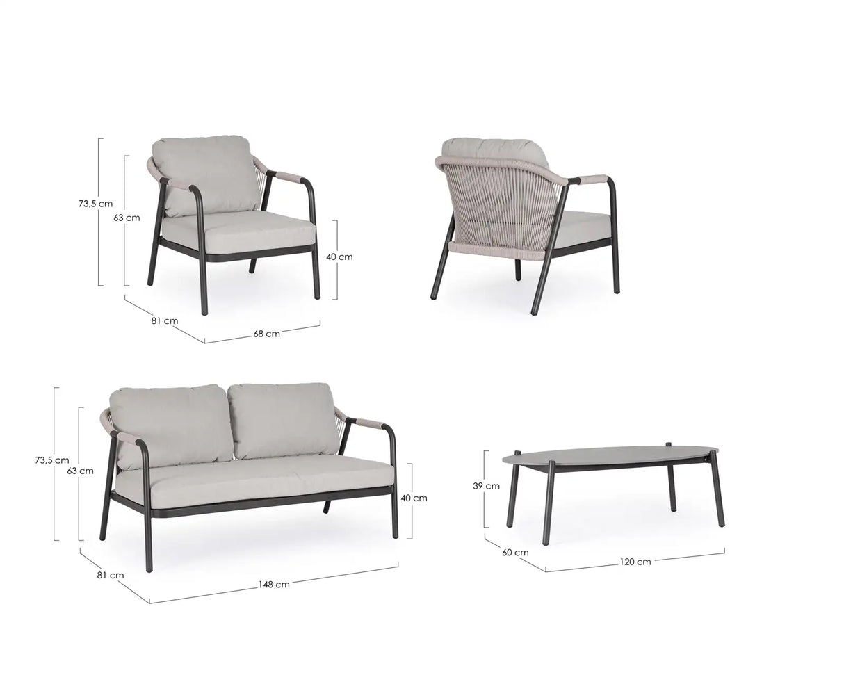 Outdoor 4er-Set Sitzgruppe Miravet JA60/KH Anthrazit aus Aluminium und Seil - ZEN ZONE Furniture