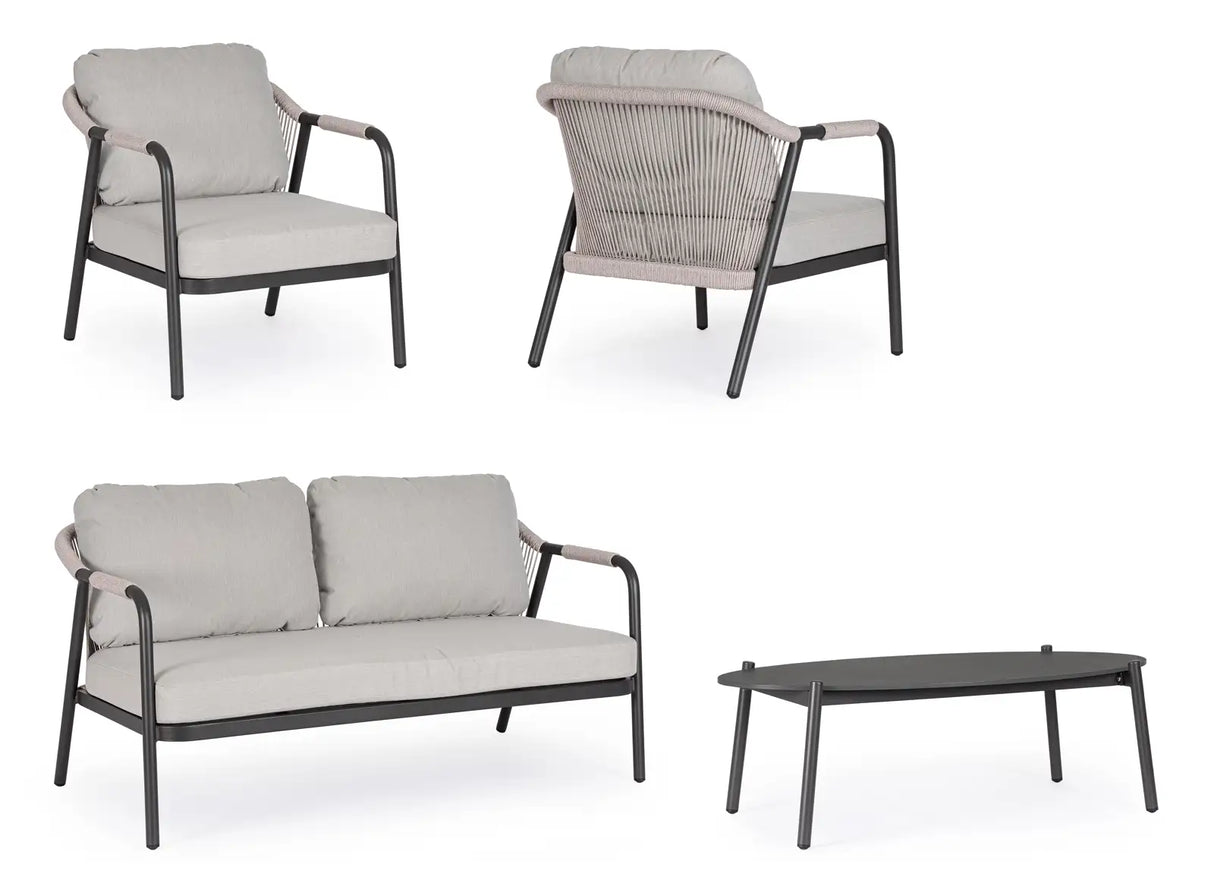 Outdoor 4er-Set Sitzgruppe Miravet JA60/KH Anthrazit aus Aluminium und Seil - ZEN ZONE Furniture