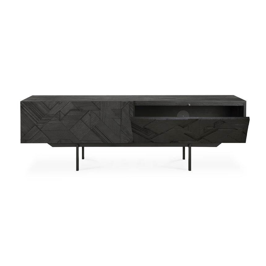 Graphic TV-Schrank - lackiertes Teak - schwarz - 1 Klapptür - 1 Schublade - 160 x 45 x 51 cm - ZEN ZONE Furniture