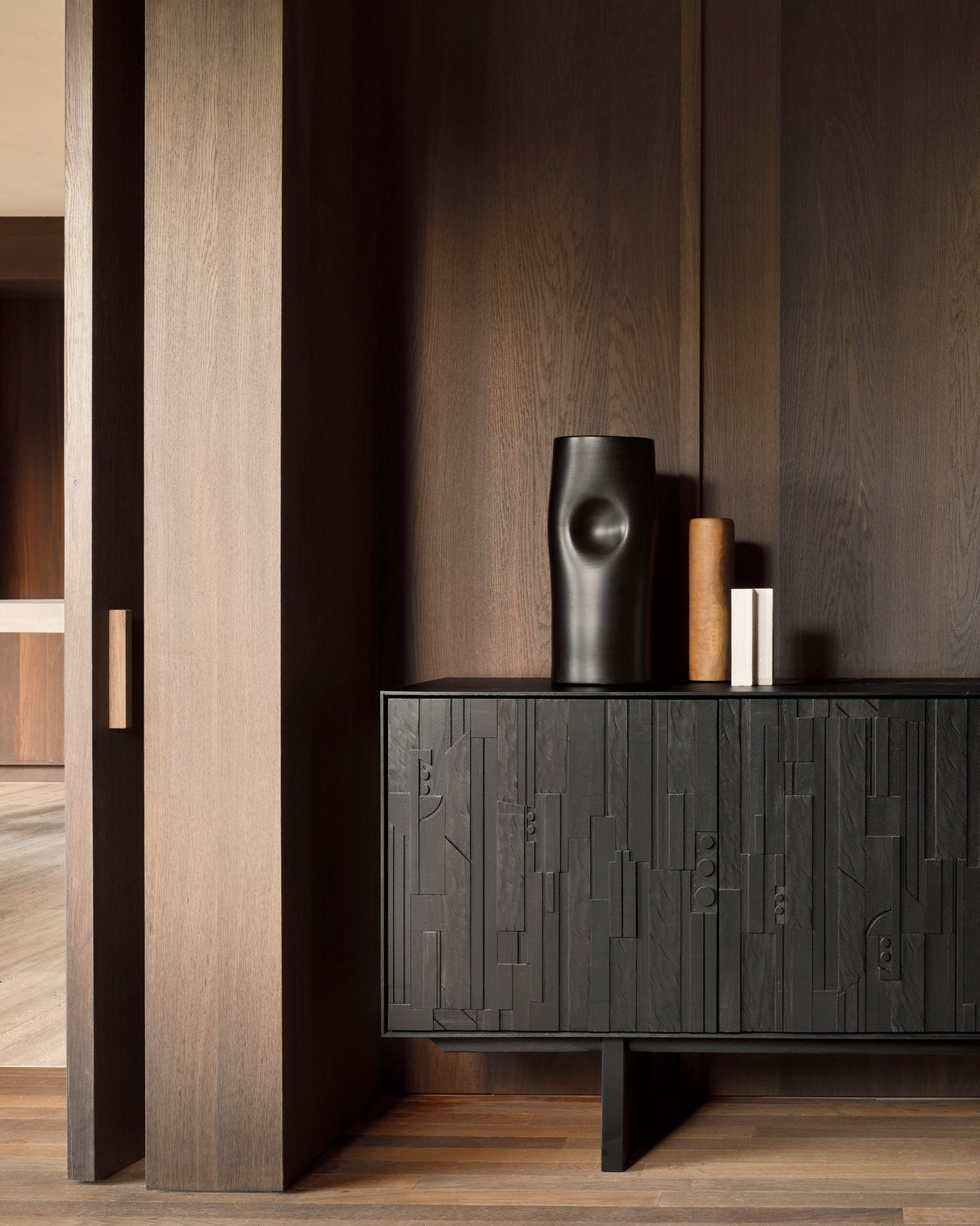 Mosaic Sideboard - lackiertes Teak - off black - 3 Türen - 170 x 45 x 82 cm - ZEN ZONE Furniture