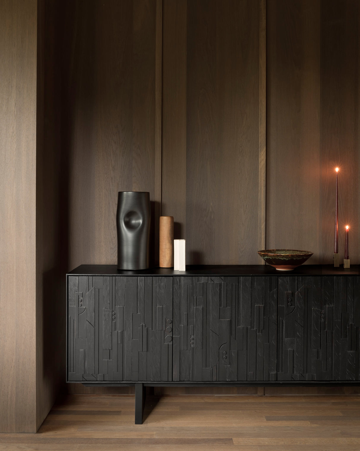 Mosaic Sideboard - lackiertes Teak - off black - 4 Türen - 227 x 45 x 82 cm - ZEN ZONE Furniture