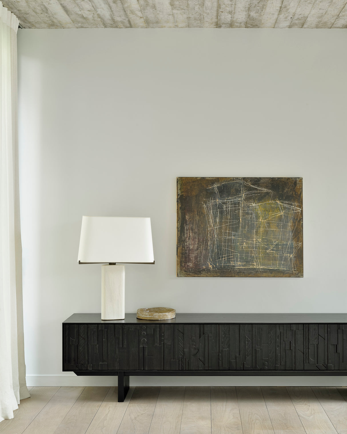 Mosaic TV-Schrank - lackiertes Teak - off black - 1 Klapptür - 2 Schubladen - 242 x 45 x 53 cm - ZEN ZONE Furniture