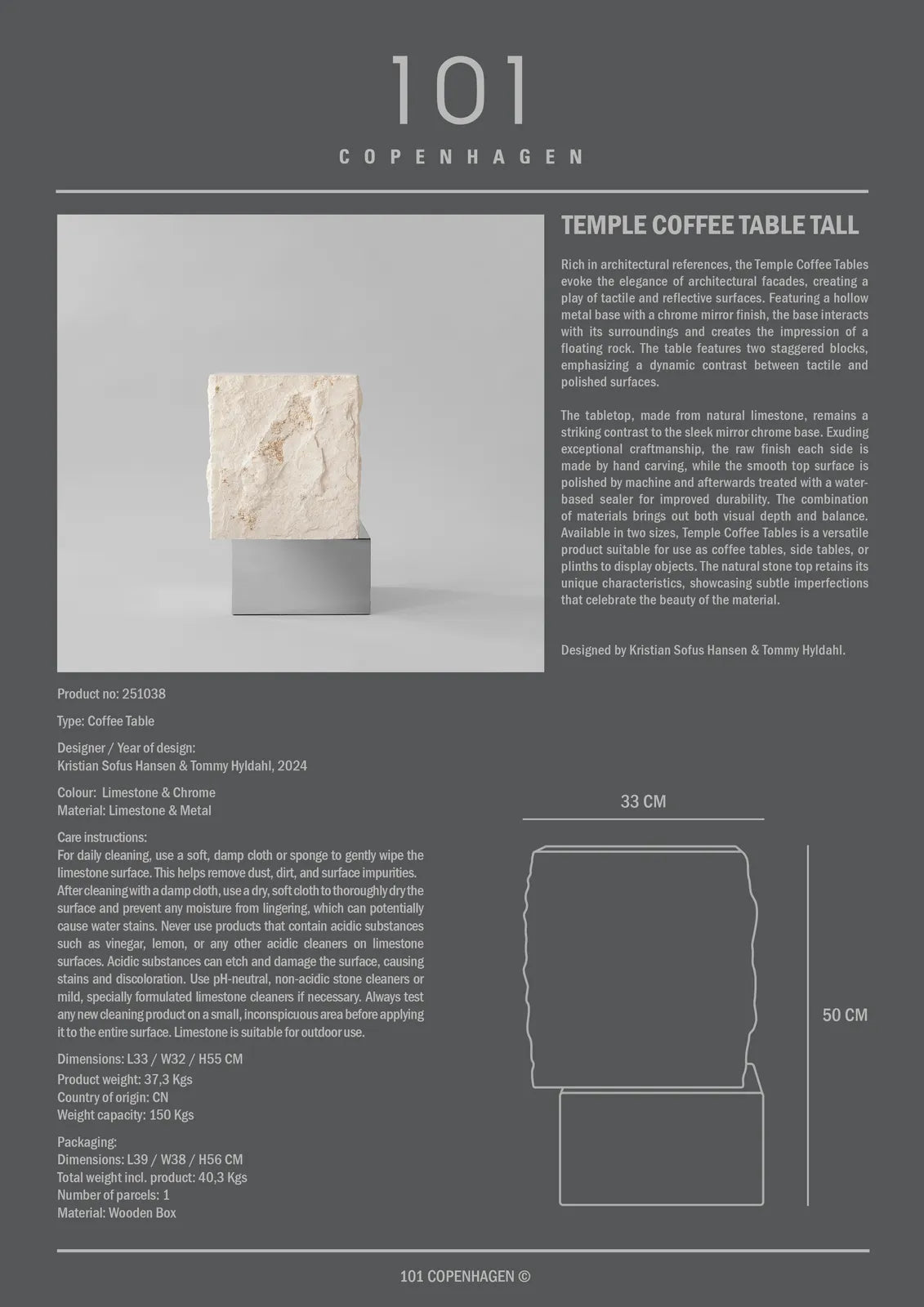 Couchtisch Temple aus Kalkstein in Chrome / Limestone, schmal, 32×33×55 cm von 101 Copenhagen – Bild 6