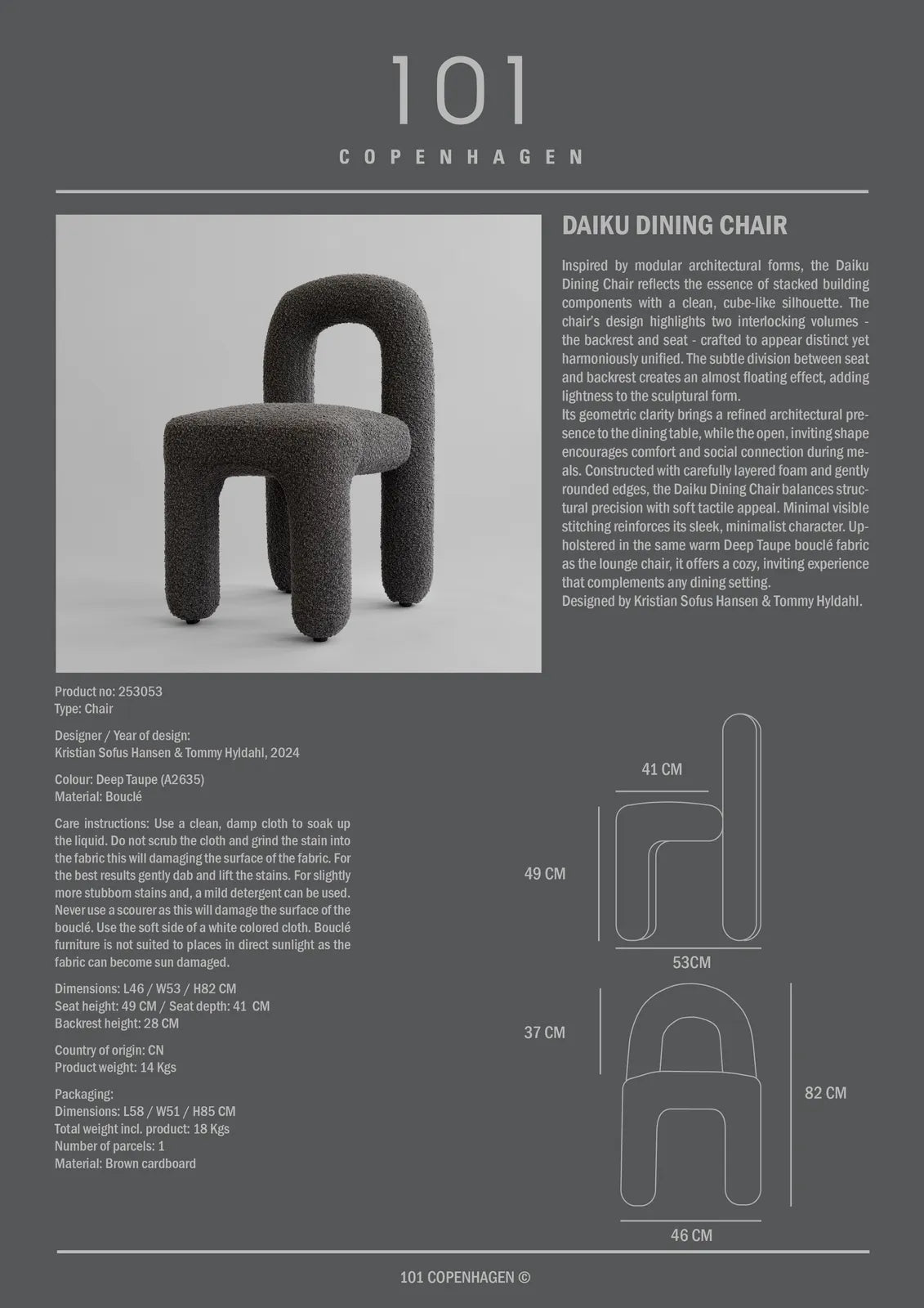 Essstuhl Daiku aus Bouclé in Deep Taupe von 101 Copenhagen – Bild 8