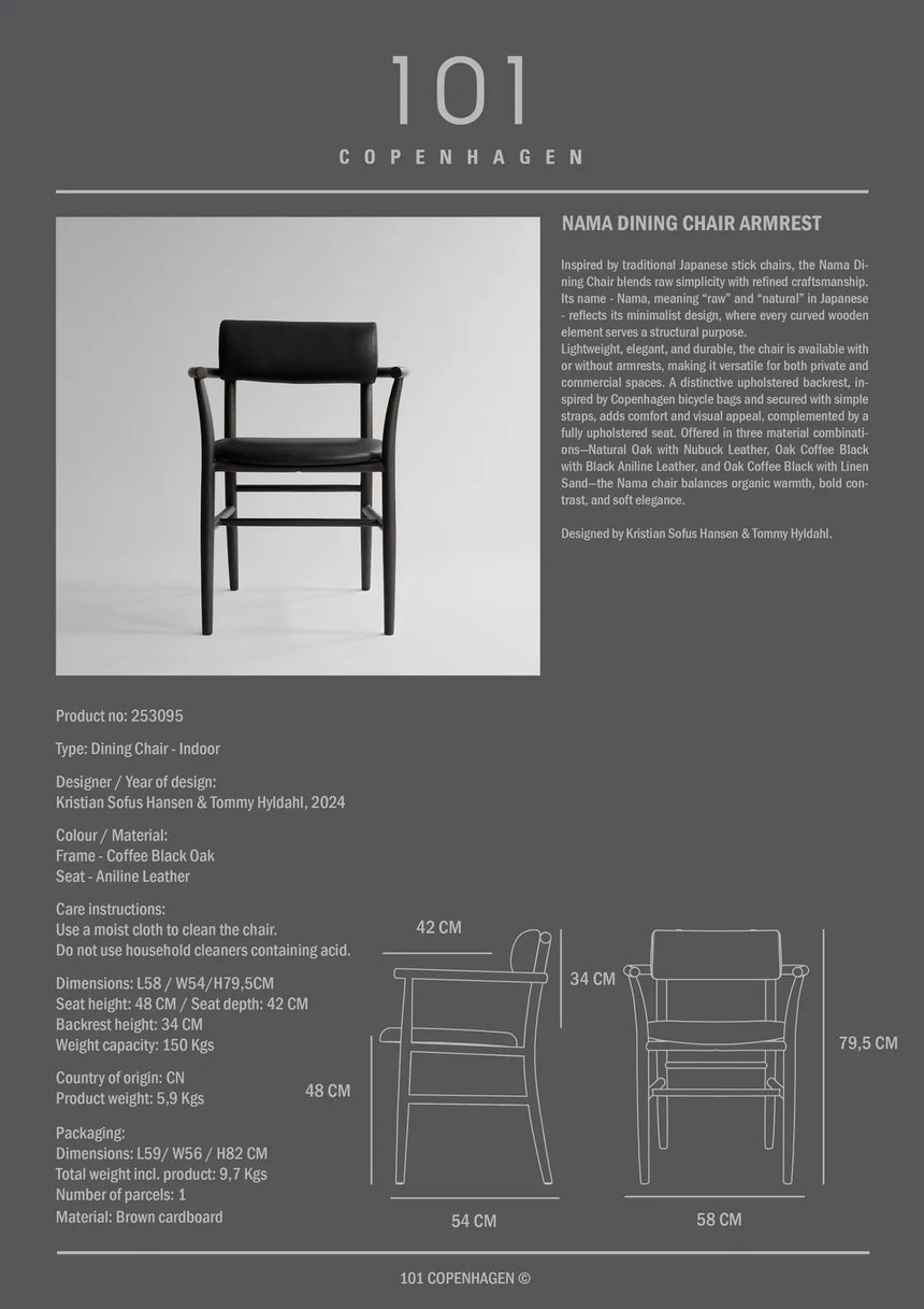 Essstuhl Nama aus Eiche, Polsterung aus Anilinleder, mit Armlehne, in Coffee Black von 101 Copenhagen – Bild 8