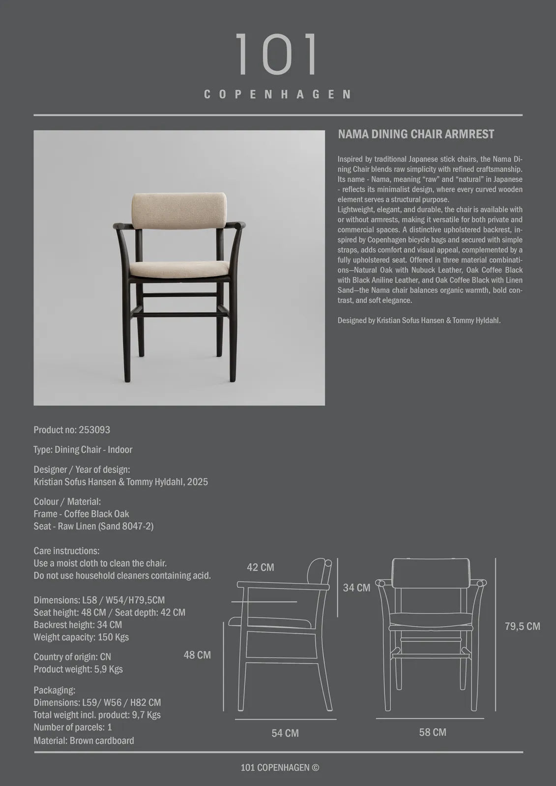 Essstuhl Nama aus Eiche, Polsterung aus Linen, mit Armlehne, in Coffee Black von 101 Copenhagen – Bild 8