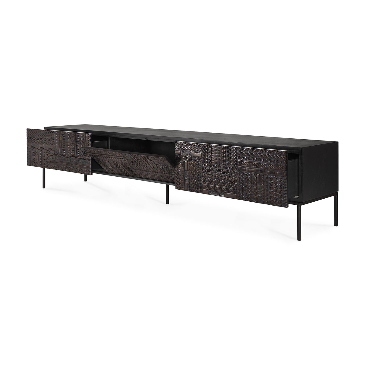 Tabwa TV-Schrank - lackiertes Teak - off black - 1 Klapptür - 2 Schubladen - 240 x 45 x 51 cm - ZEN ZONE Furniture