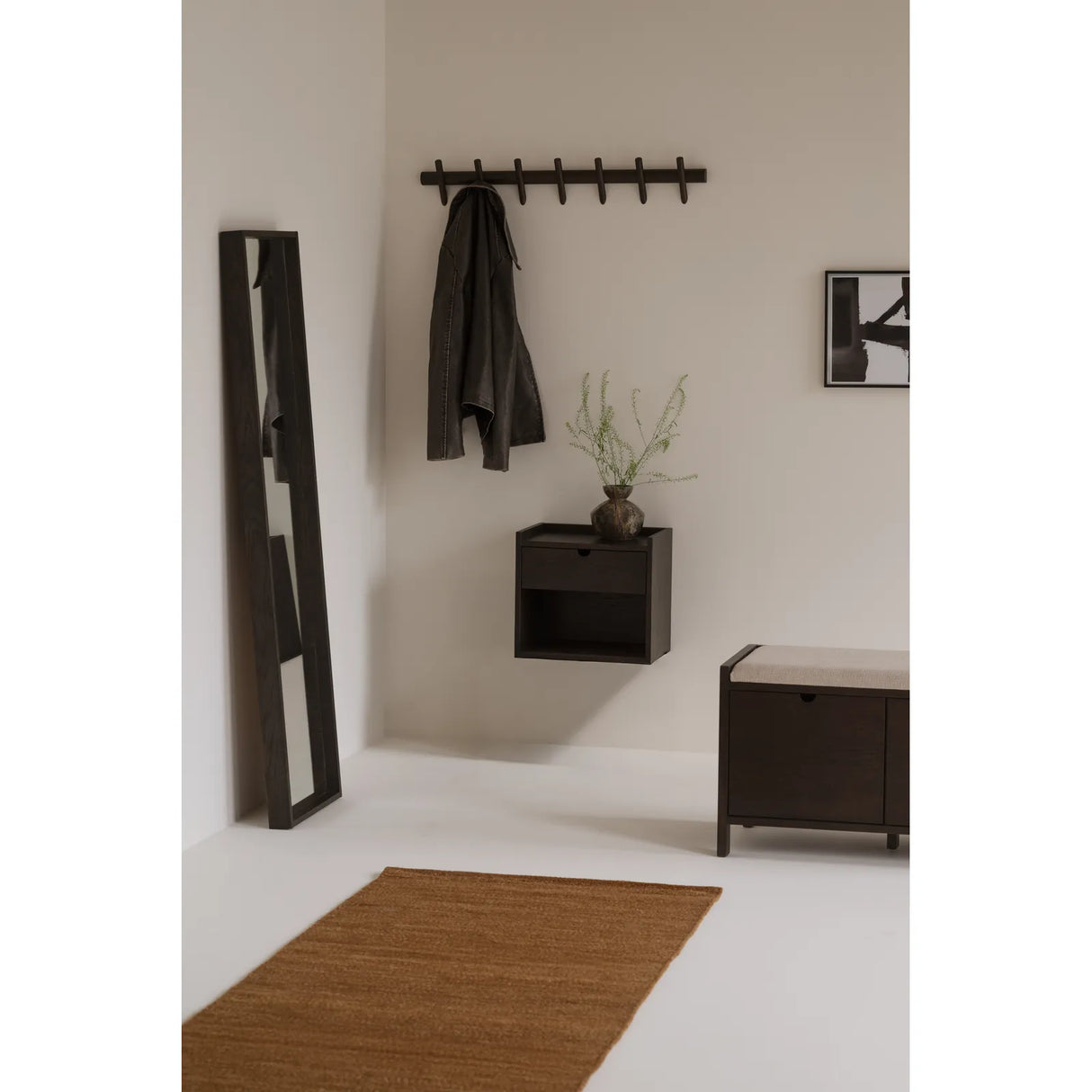 HILLMOND Flurbank aus Eiche und Stoff, in Braun/Beige, 80x41x47 cm - ZEN ZONE Furniture