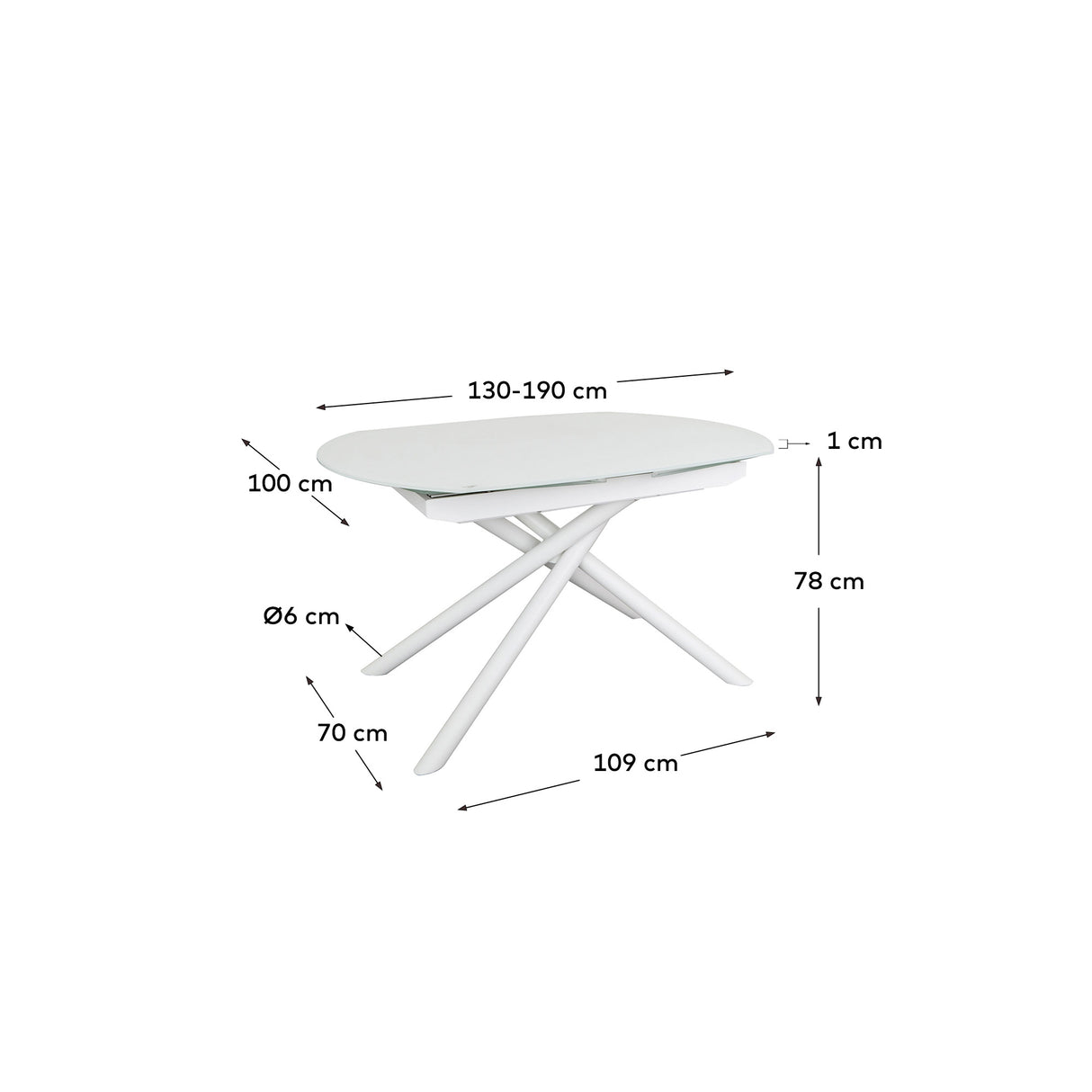 Yodalia Ausziehtisch aus getempertem Glas und Stahlbeine mit weißem Finish 130(190)x100 cm - ZEN ZONE Furniture