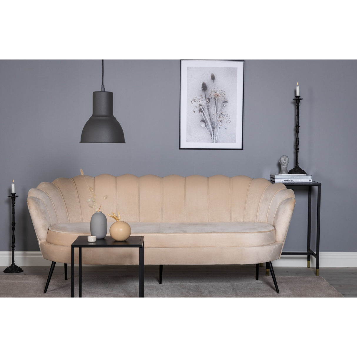 Calais 3-Sitzer Sofa - Beige Samt - Schwarze Beine - ZEN ZONE Furniture