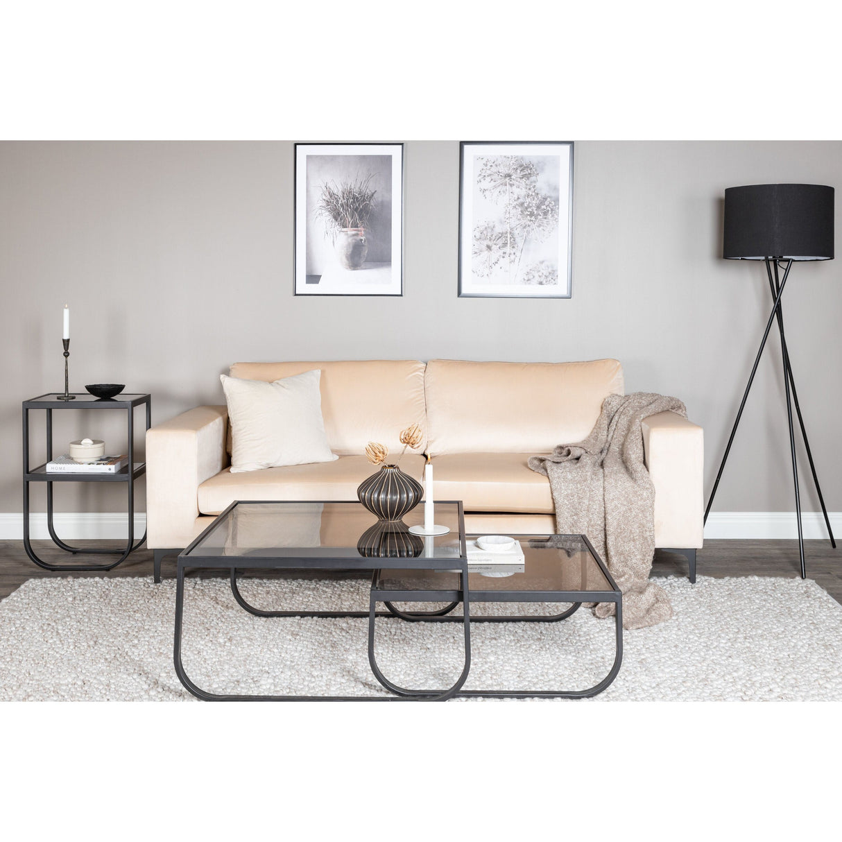 Bolero Sofa - 3-Sitzer - Beige Samt - Schwarze Beine - ZEN ZONE Furniture