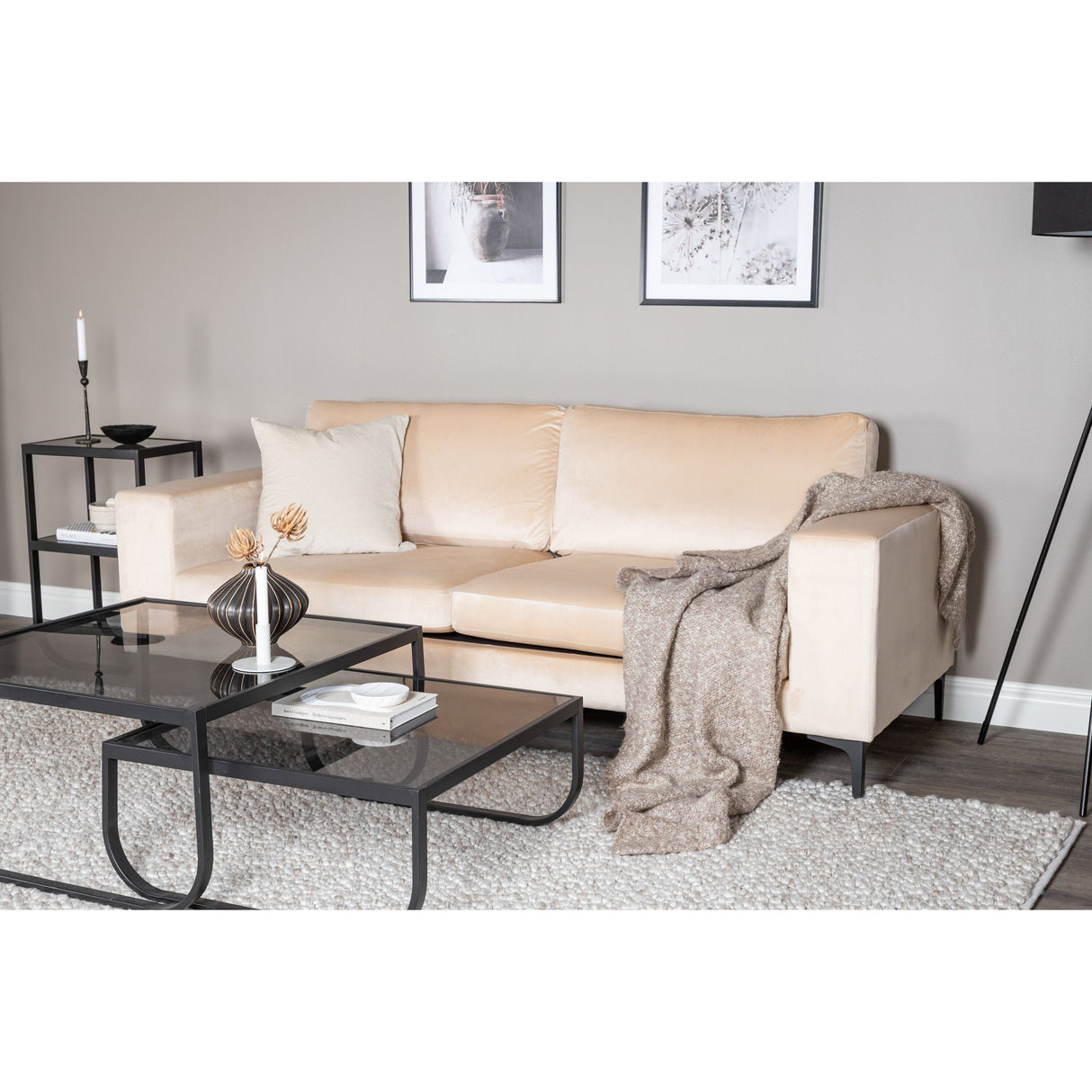 Bolero Sofa - 3-Sitzer - Beige Samt - Schwarze Beine - ZEN ZONE Furniture