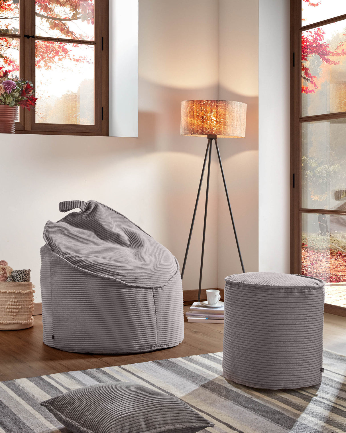 Wilma kleiner Pouf breiter Cord grau Ø 40 cm - ZEN ZONE Furniture