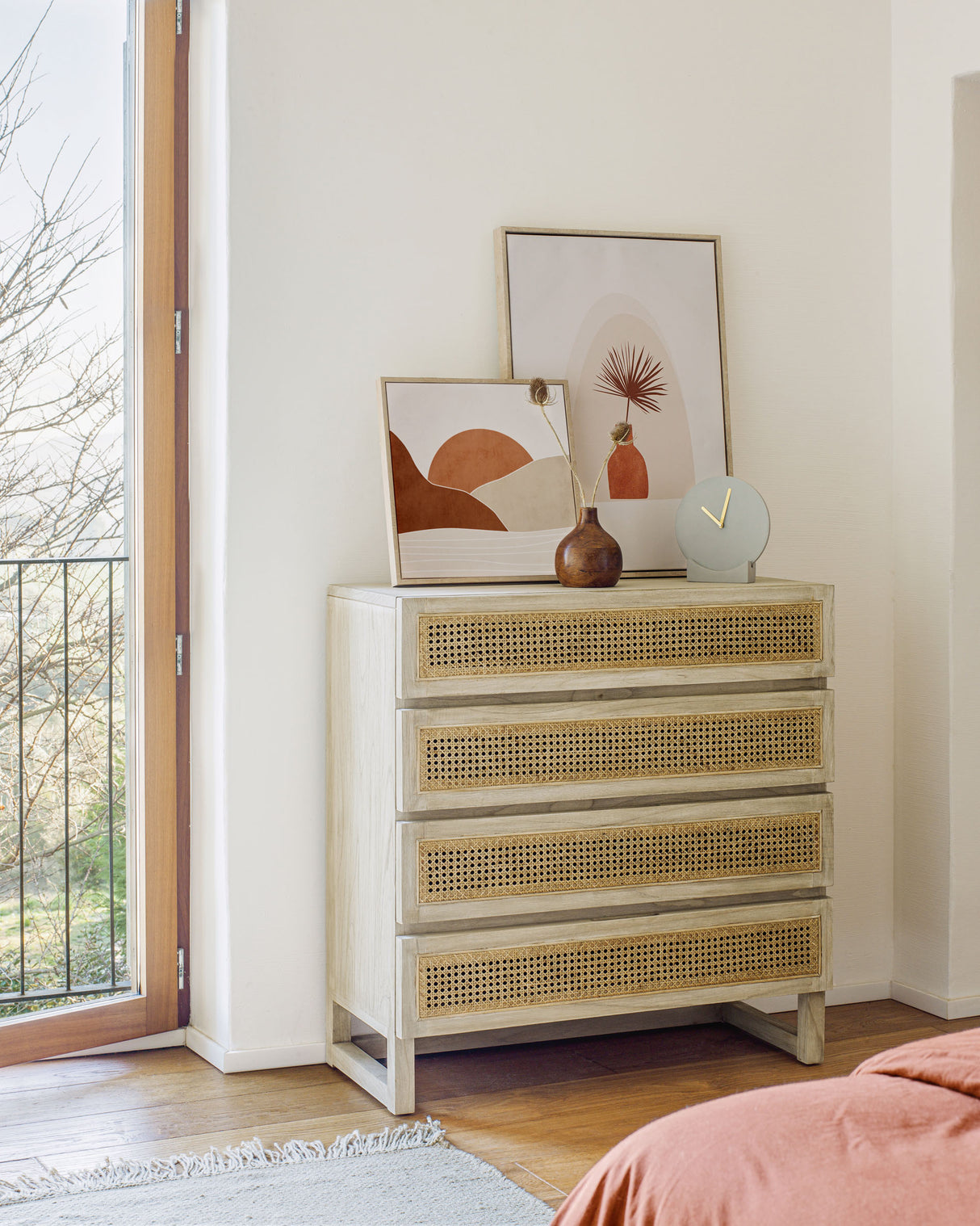 Rexit Kommode mit 4 Schubladen aus massivem Holz und Mindi Furnier mit Rattan 90 x 93 cm - ZEN ZONE Furniture