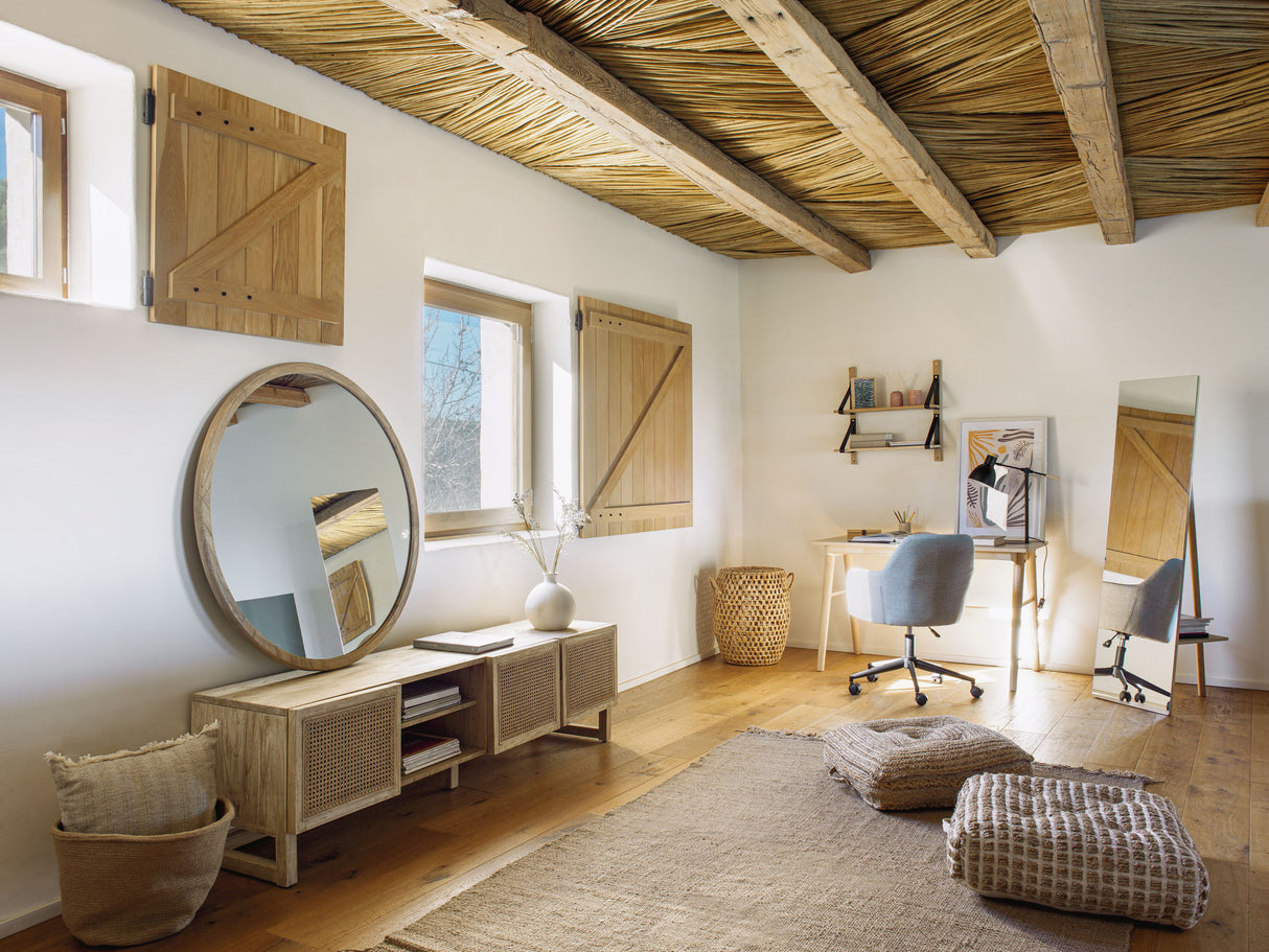 Rexit TV-Schrank 3 Türen aus massivem Mindiholz und Furnier mit Rattan 180 x 50 cm - ZEN ZONE Furniture