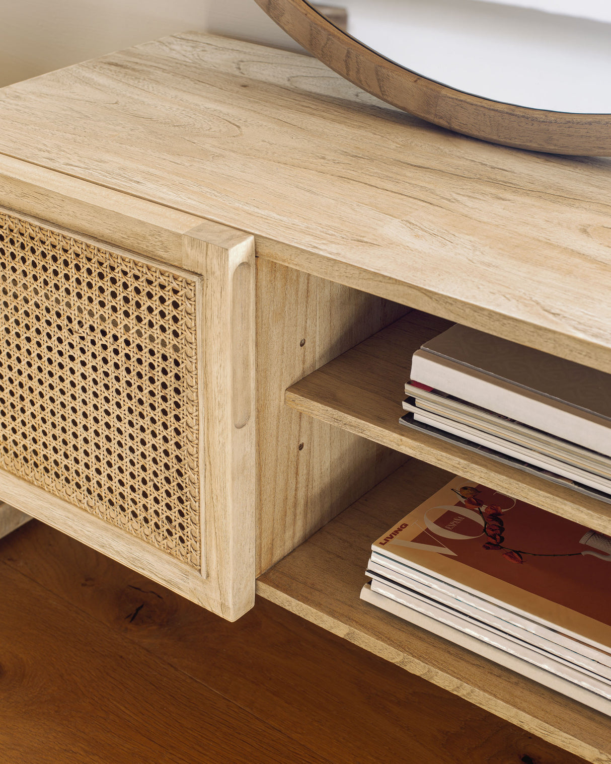 Rexit TV-Schrank 3 Türen aus massivem Mindiholz und Furnier mit Rattan 180 x 50 cm - ZEN ZONE Furniture