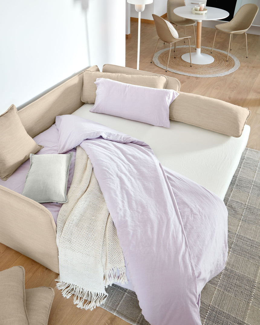 Tanit Schlafsofa beige und Beine aus massivem Buchenholz mit natürlichem Finish 210 cm - ZEN ZONE Furniture