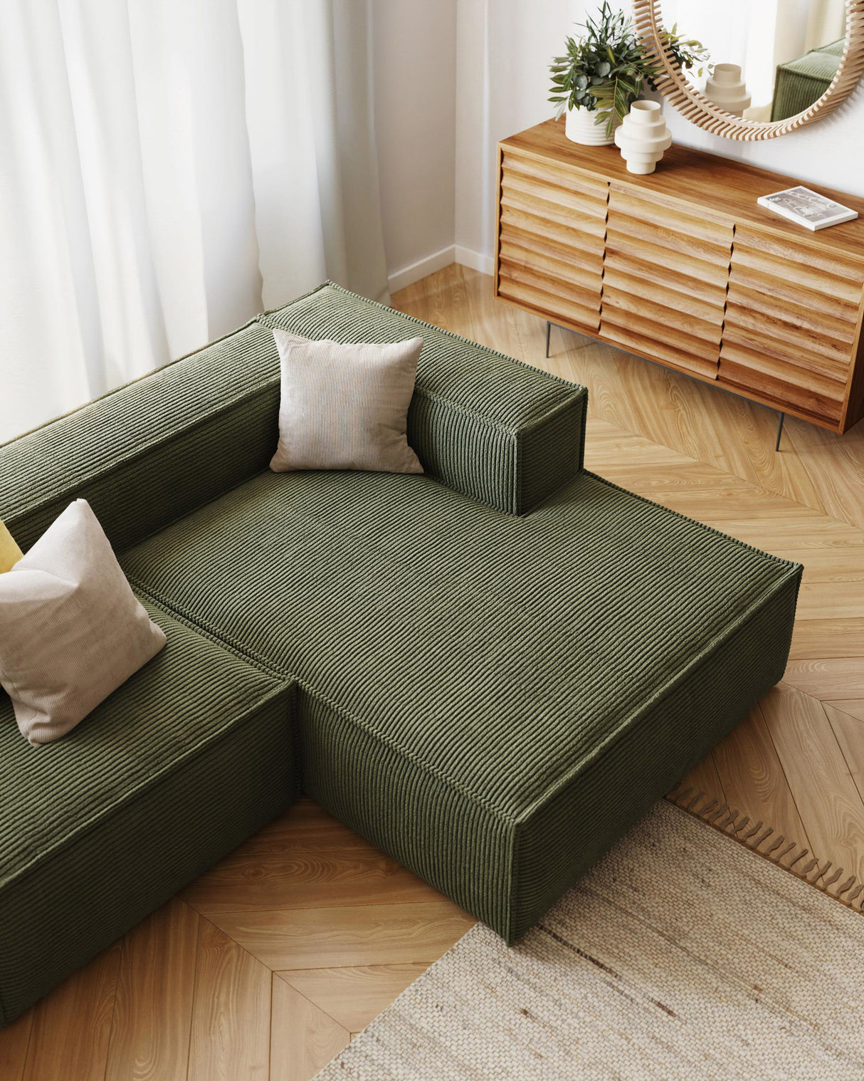 Blok 2-Sitzer-Sofa mit Chaiselongue rechts breiter Cord grün 240 cm - ZEN ZONE Furniture