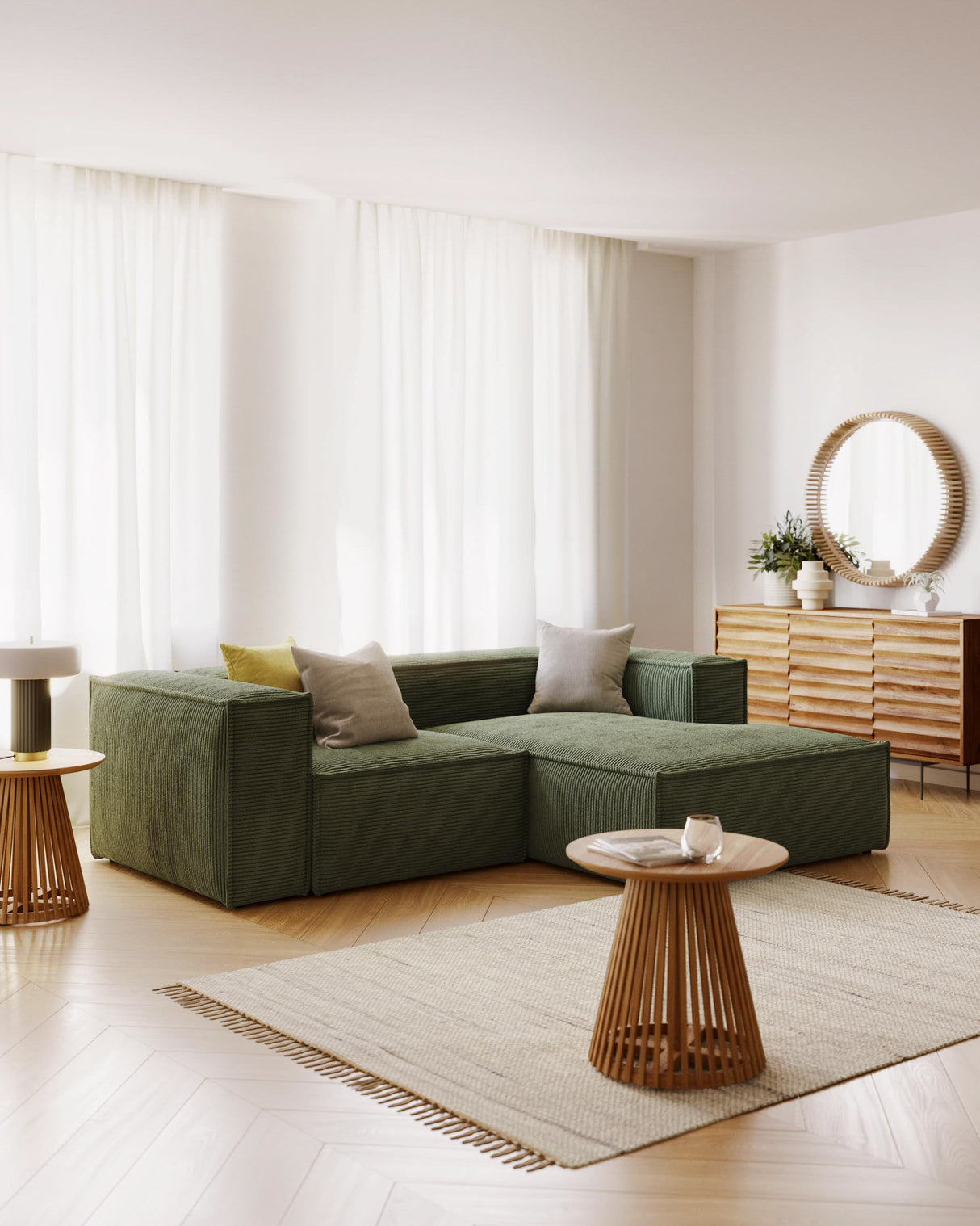 Blok 2-Sitzer-Sofa mit Chaiselongue rechts breiter Cord grün 240 cm - ZEN ZONE Furniture