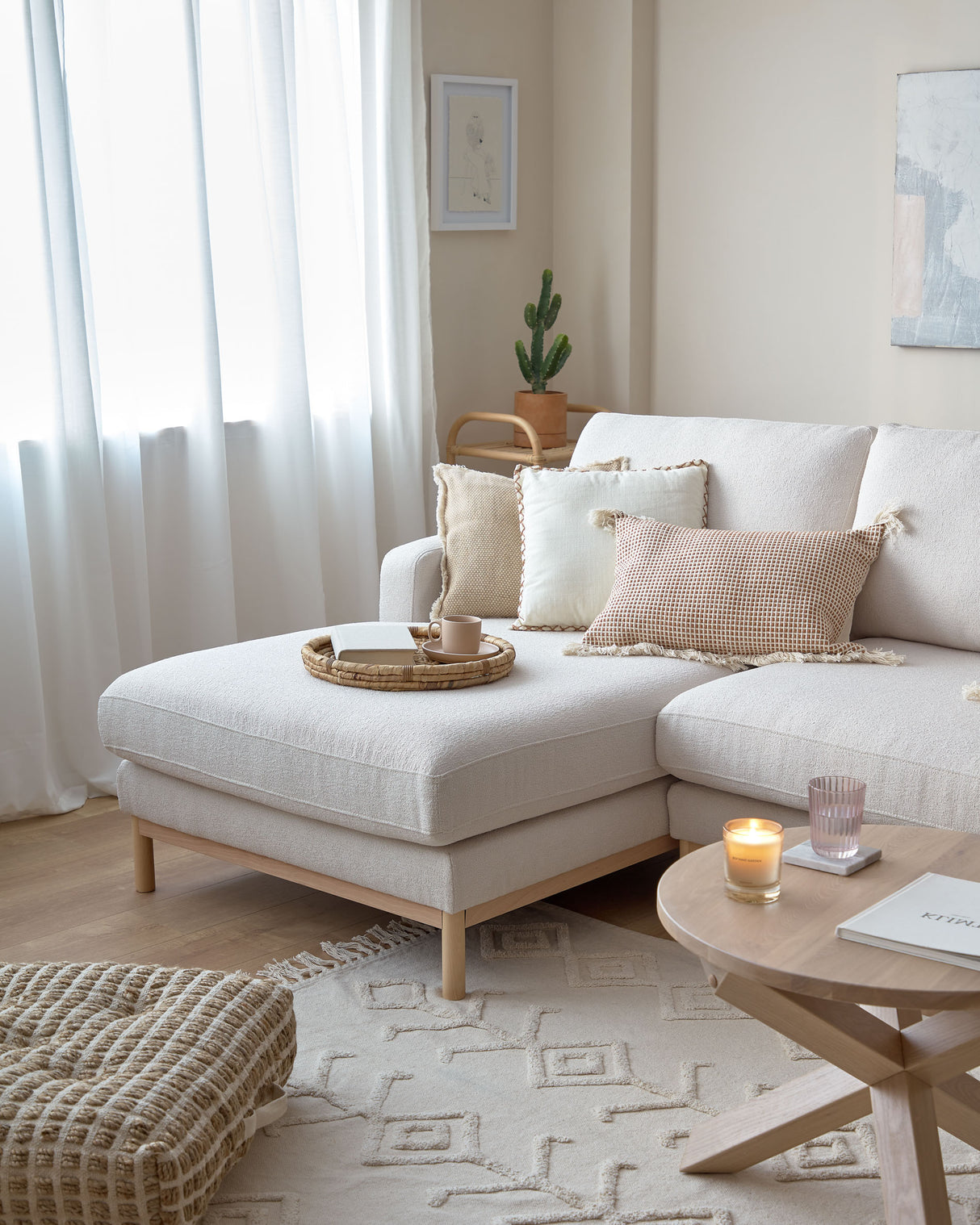 Sofa Mihaela für 3 Sitzer mit Chaise Longue links aus Bouclé-Bezug in Weiß 264 cm - ZEN ZONE Furniture