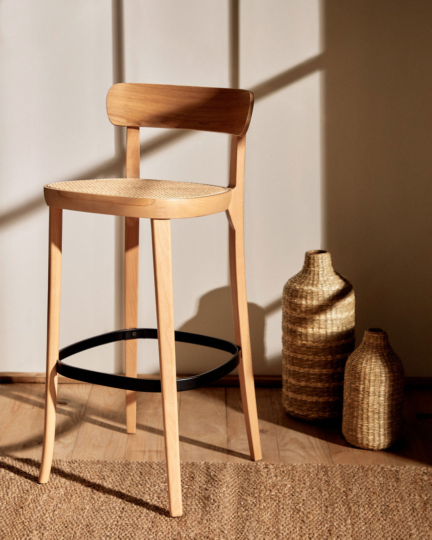 Romane Hocker aus Buchenholz mit natürlichem Finish, Eschenfurnier und Rattan Höhe 75 cm - ZEN ZONE Furniture