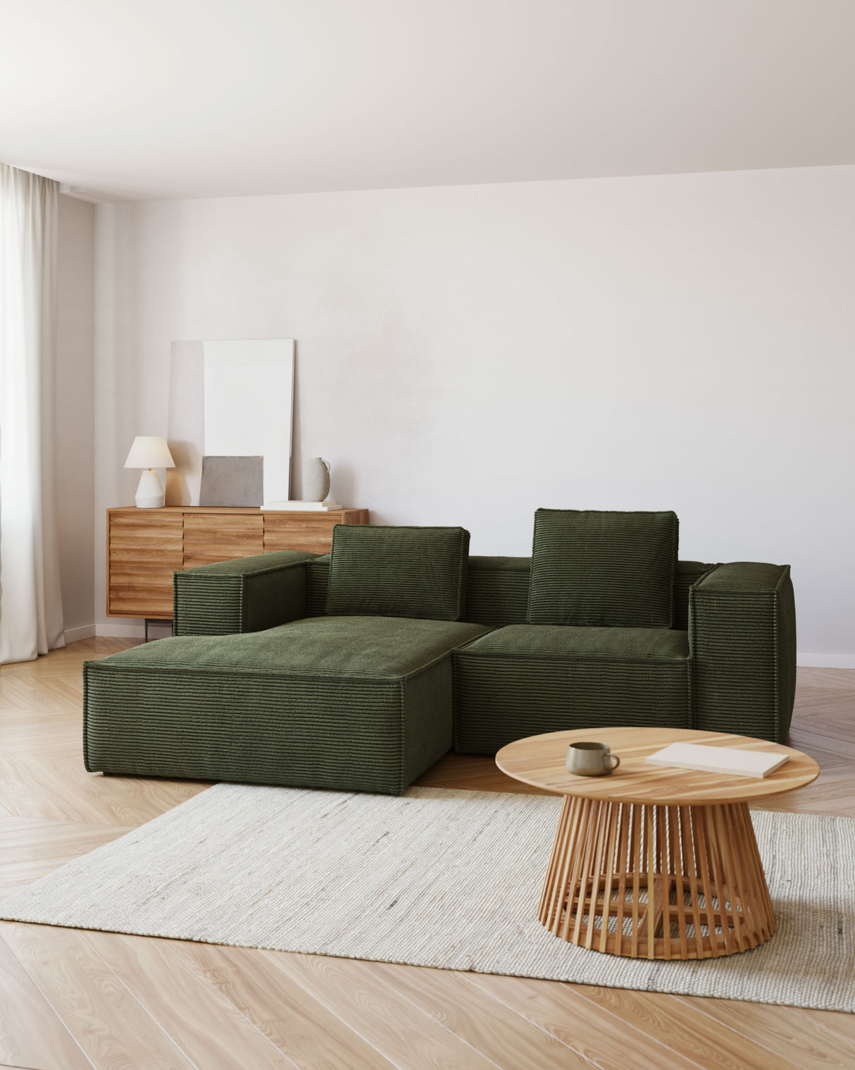 Blok 2-Sitzer-Sofa mit Chaiselongue links breiter Cord grün 240 cm - ZEN ZONE Furniture