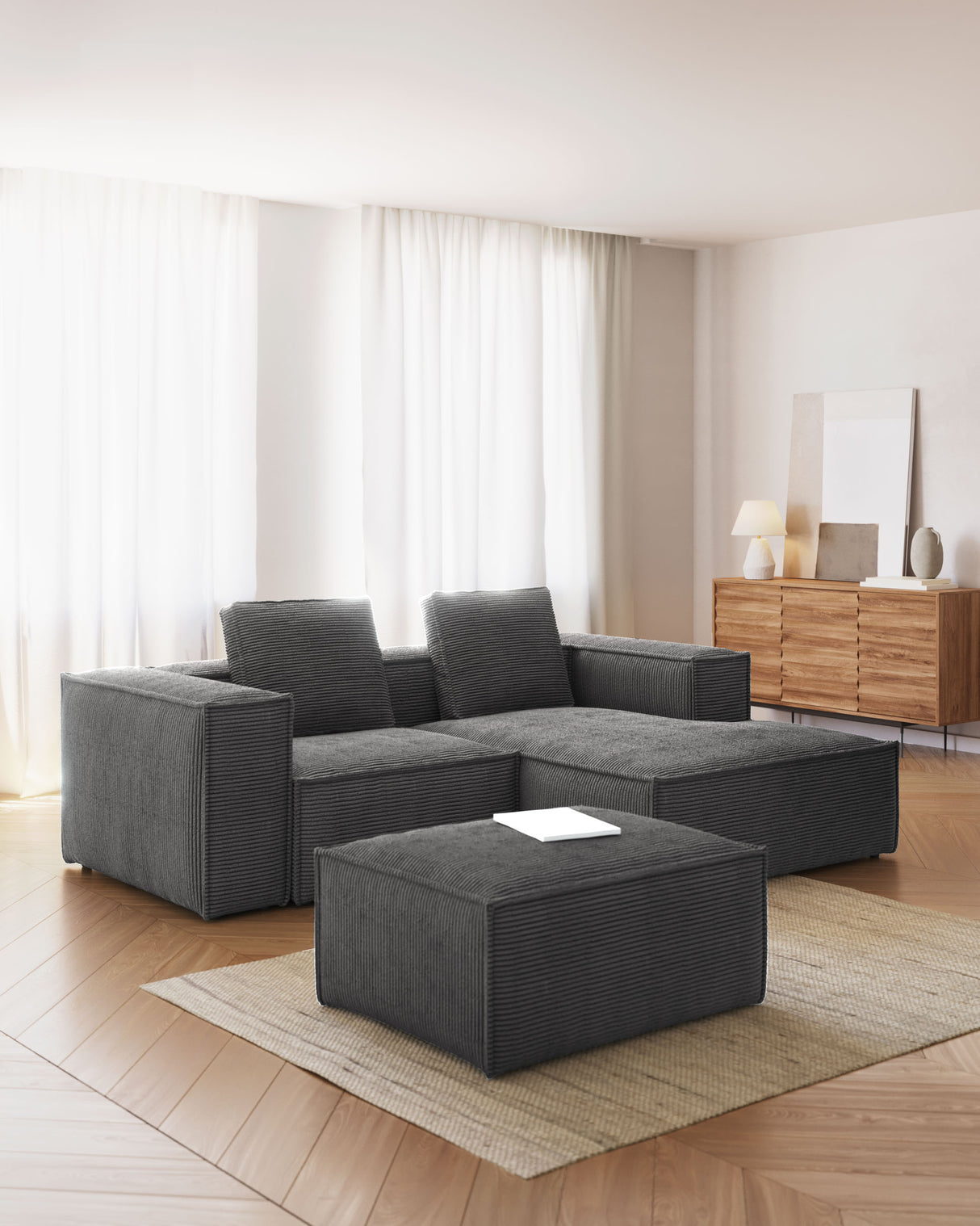 Blok 2-Sitzer-Sofa mit Chaiselongue rechts breiter Cord grau 240 cm - ZEN ZONE Furniture