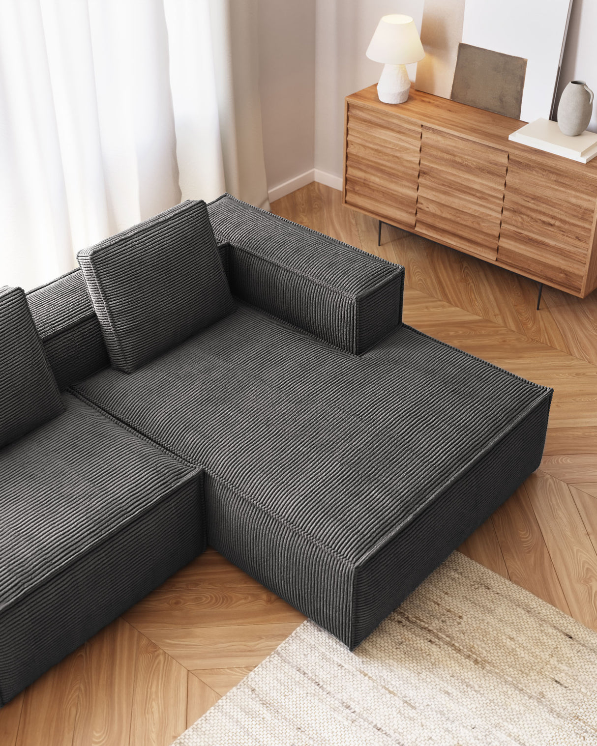 Blok 2-Sitzer-Sofa mit Chaiselongue rechts breiter Cord grau 240 cm - ZEN ZONE Furniture