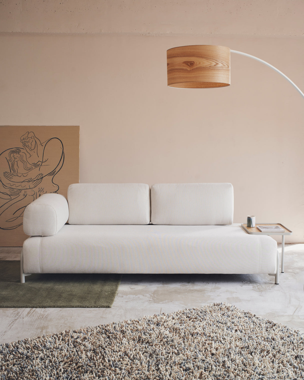 Compo 3-Sitzer-Sofa Chenille Beige, großes Tablett Eichenfurnier Metallgestell Grau 232cm - ZEN ZONE Furniture