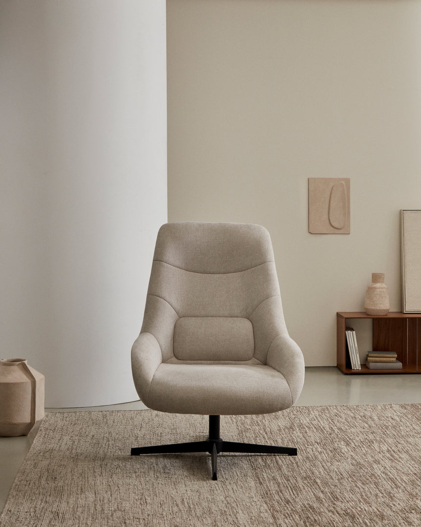 Celida Drehsessel aus beigefarbenem Chenille und Stahl mit schwarzem Finish FSC 100% - ZEN ZONE Furniture