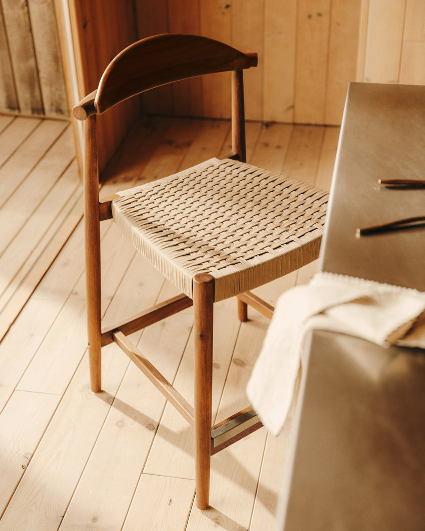 Nina Hocker massives Akazienholz nussbaumfarbenes Finish Seil beige Höhe 62 cm FSC 100% - ZEN ZONE Furniture