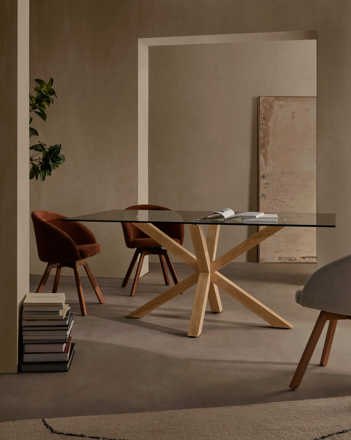 Argo Tisch aus Glas und Stahlbeine in Holzoptik 160 x 90 cm - ZEN ZONE Furniture