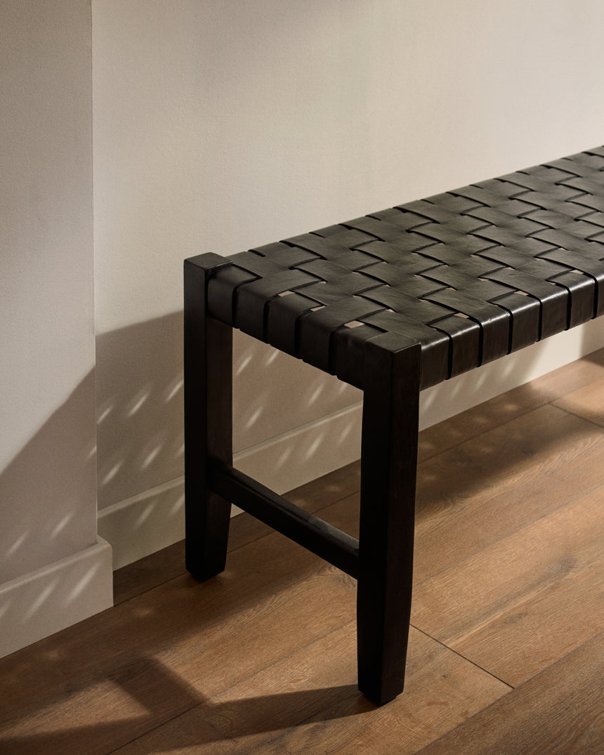 Calixta Bank aus Leder und massivem Mahagoni mit schwarzem Finish 120 cm - ZEN ZONE Furniture