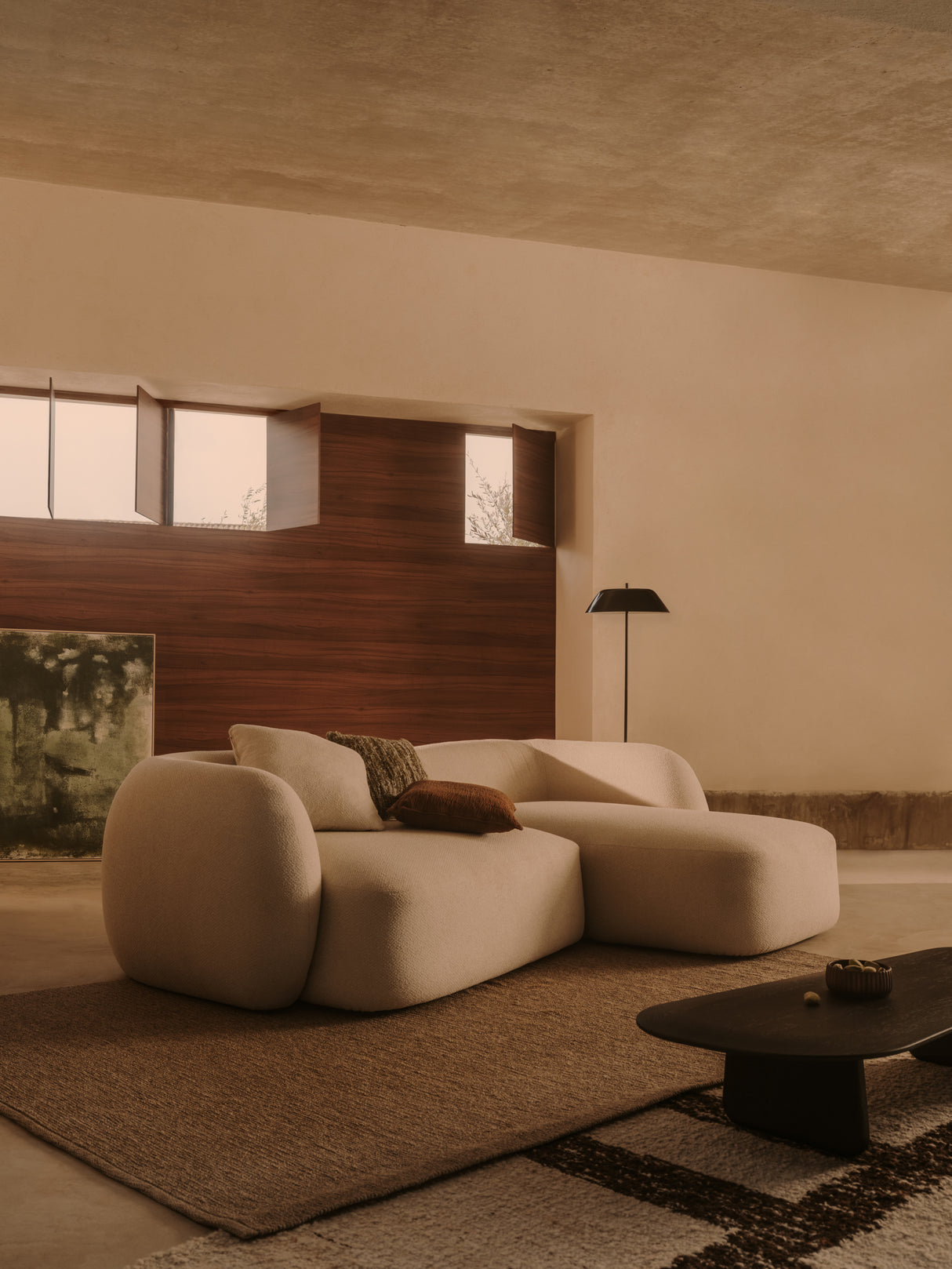 Martina modulares 3-Sitzer-Sofa in Chenille mit Chaiselongue rechts Farbe Ecru 287 cm - ZEN ZONE Furniture