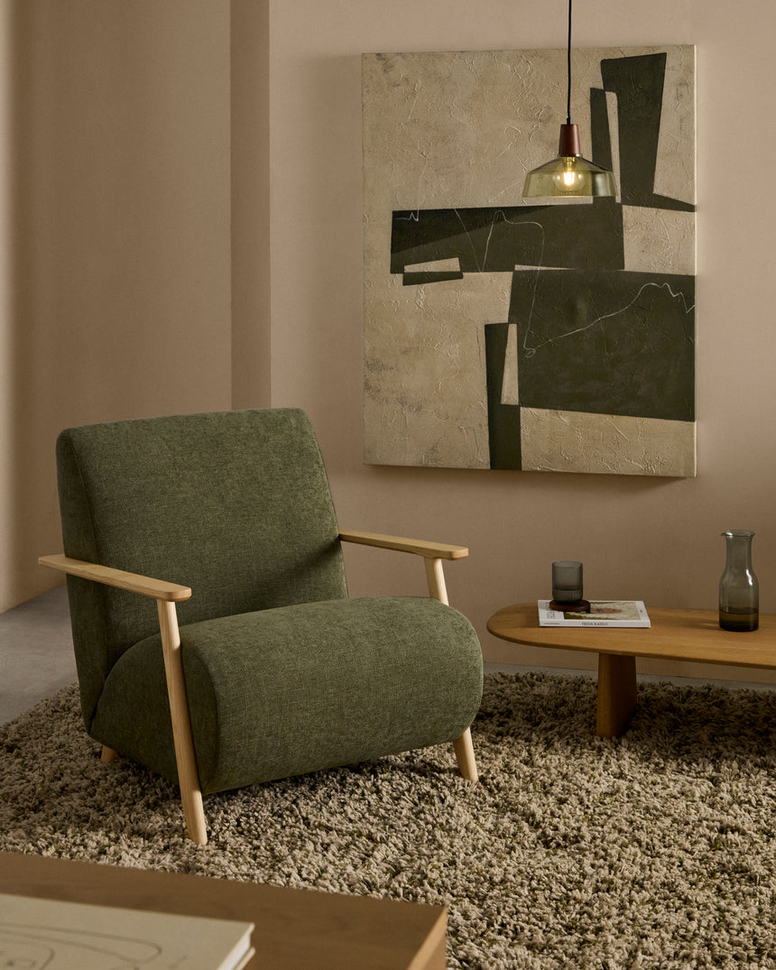 Sessel Meghan aus grünem Chenille und massivem Eschenholz mit natürlichem Finish - ZEN ZONE Furniture