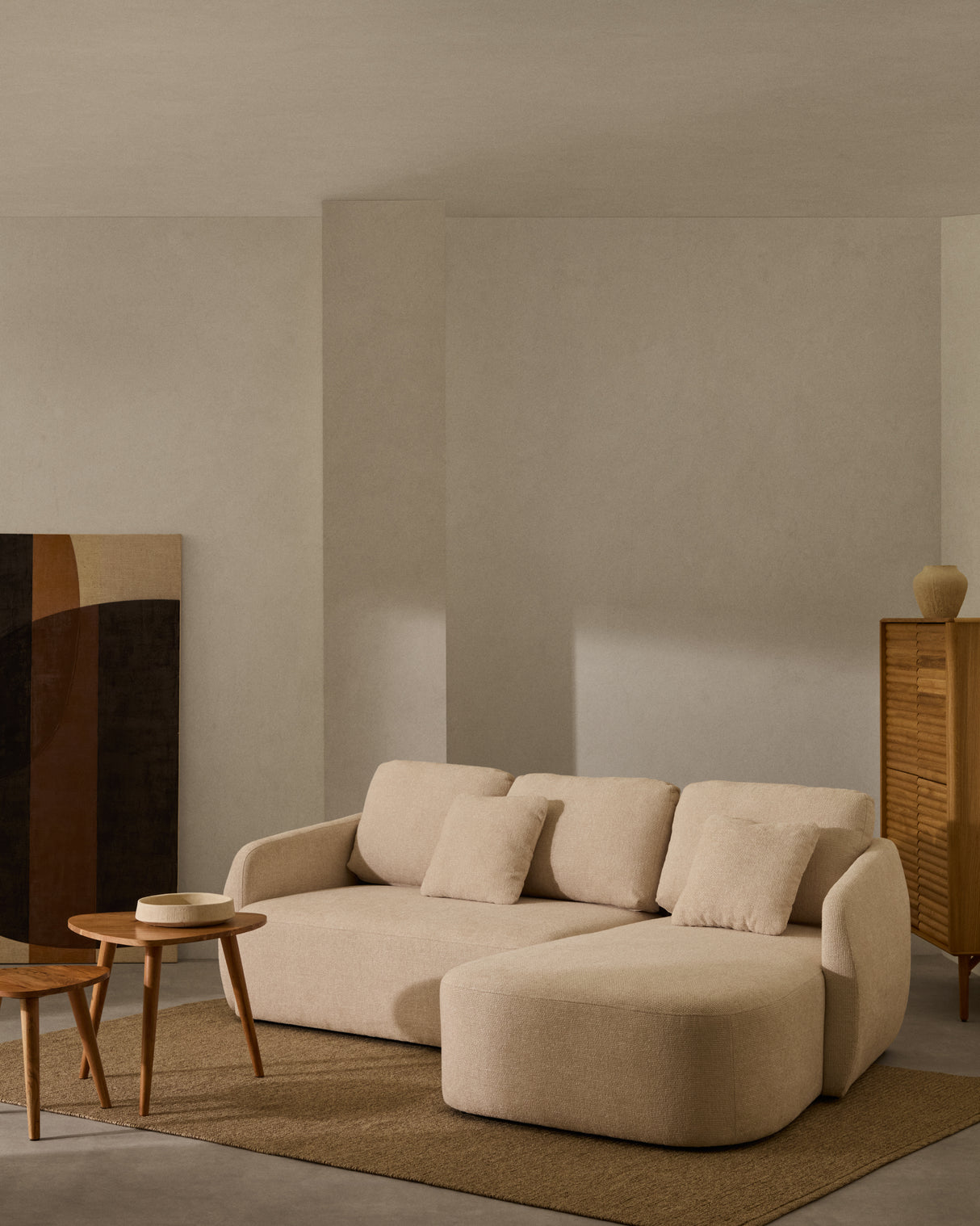 Schlafsofa Laira 3-Sitzer in Chenille mit Chaiselongue rechts ecru 246 cm FSC Mix Credit - ZEN ZONE Furniture