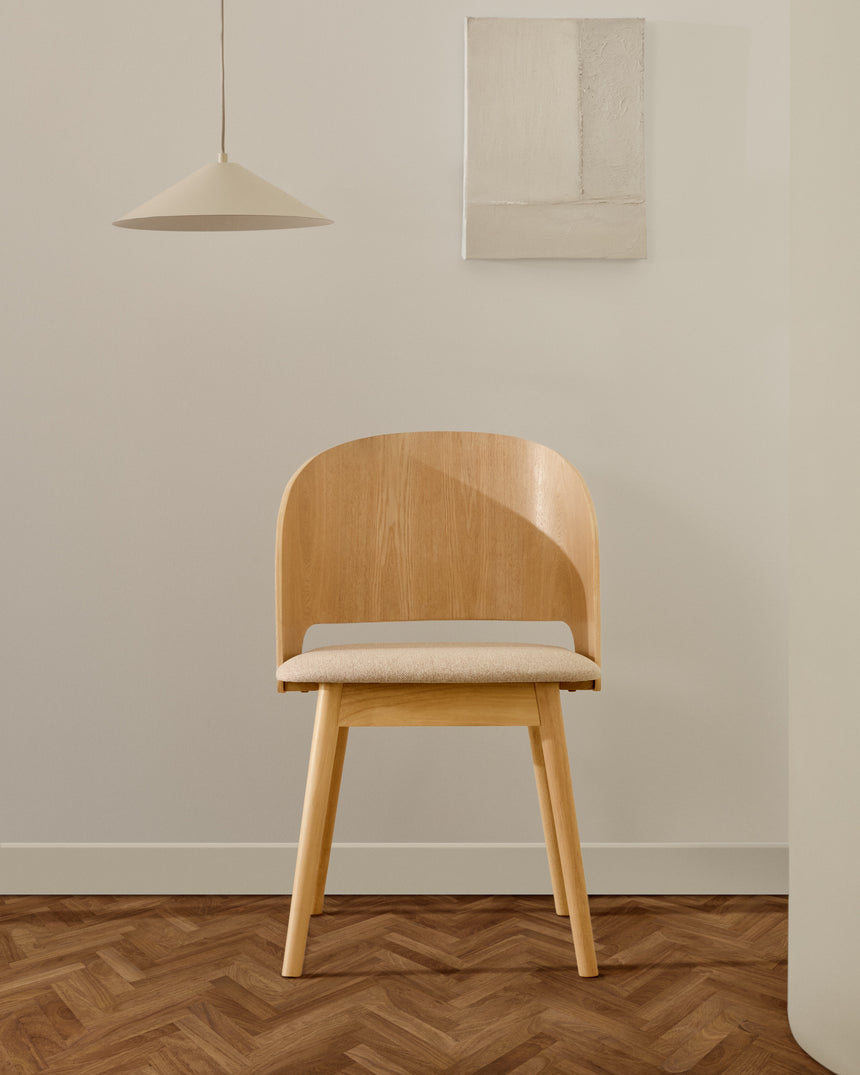 Stuhl Senoa aus Eschefurnier und massivem Kautschukholz mit naturfarbenem Finish und beigefarbener Chenille - ZEN ZONE Furniture