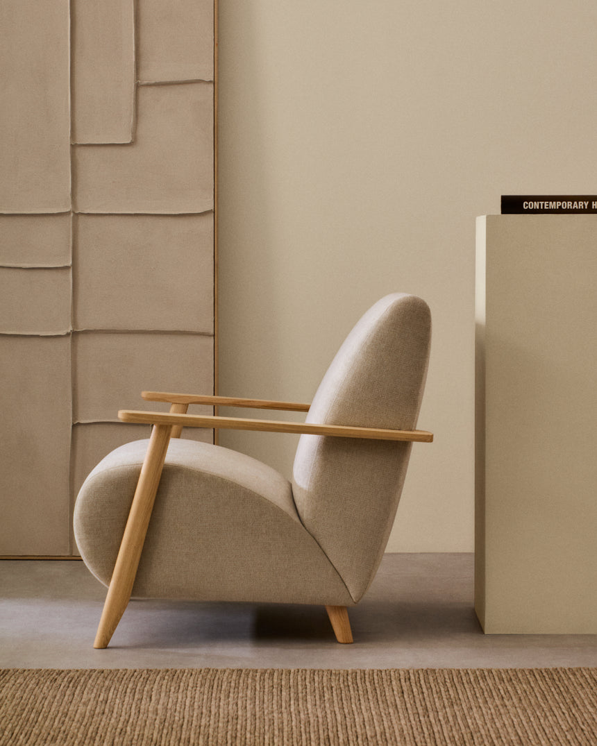 Sessel Meghan aus Perlen-Chenille und massivem Eschenholz mit natürlichem Finish FSC Mix Credit - ZEN ZONE Furniture