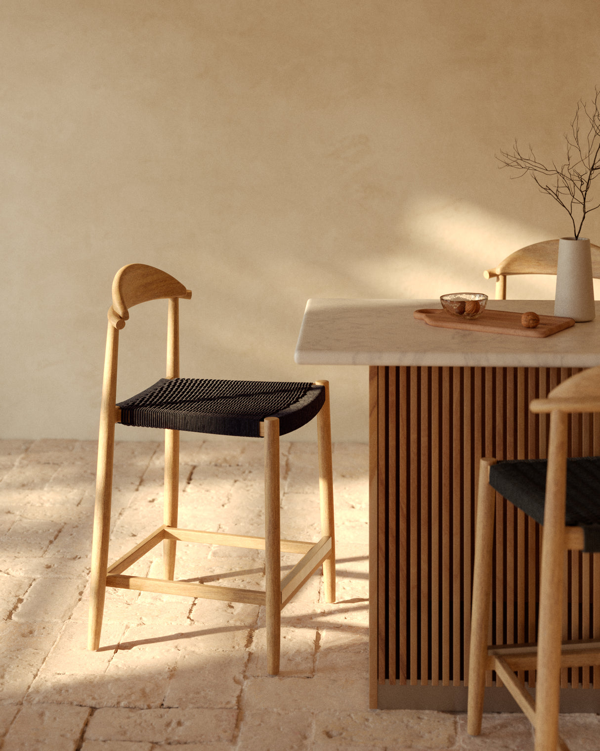 Nina Hocker massives Akazienholz naturfarbenes Finish und Seil schwarz Höhe 62 cm FSC 100% - ZEN ZONE Furniture