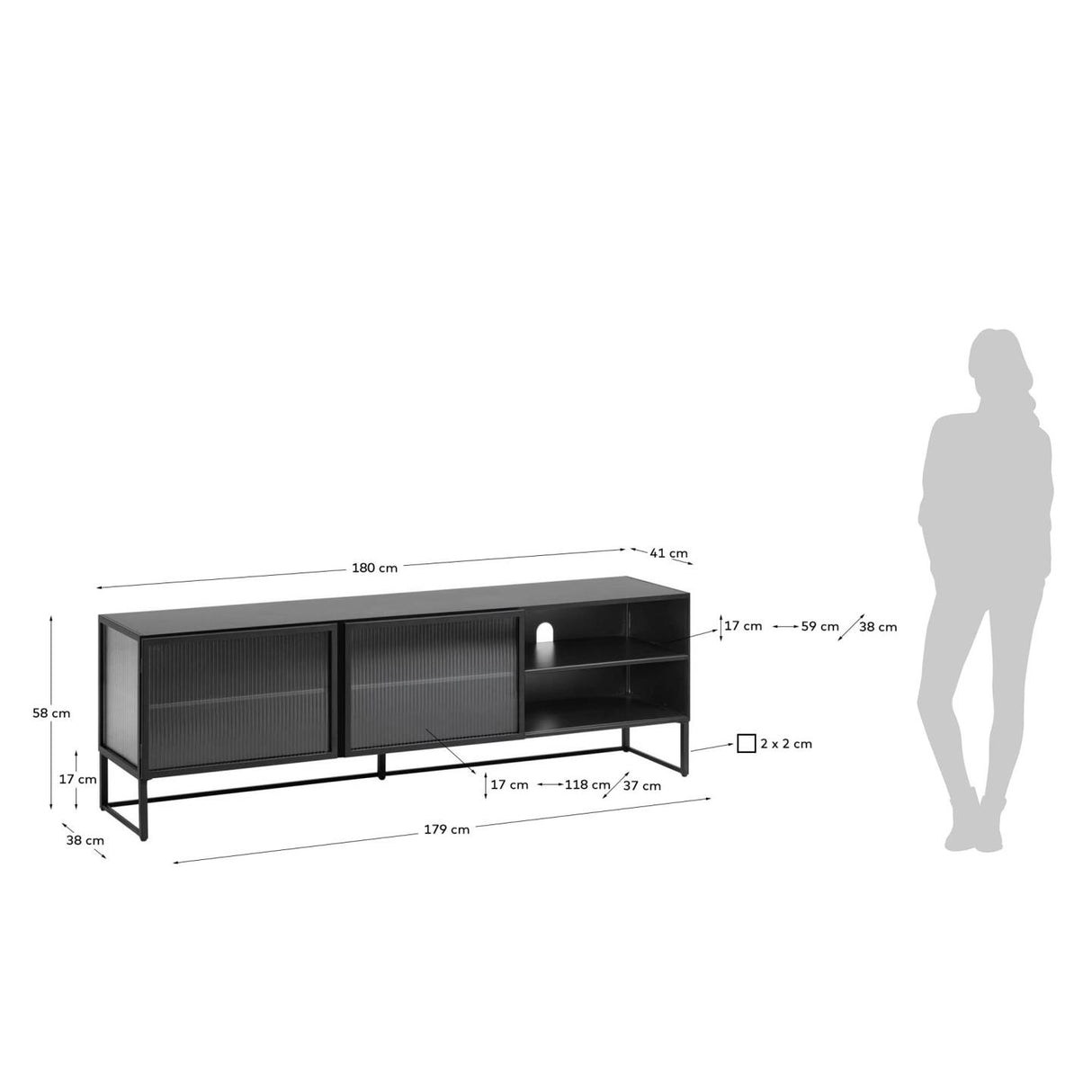 Trixie TV-Schrank 2 Türen aus Stahl mit schwarzem Finish 180 x 58 cm - ZEN ZONE Furniture