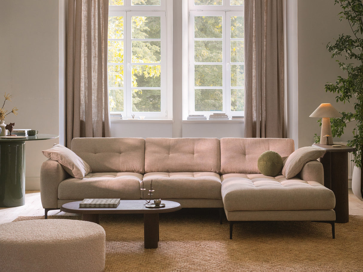 Bemy Ecksofa Rechts aus Samt oder Strukturstoff, 295x174 cm - ZEN ZONE Furniture