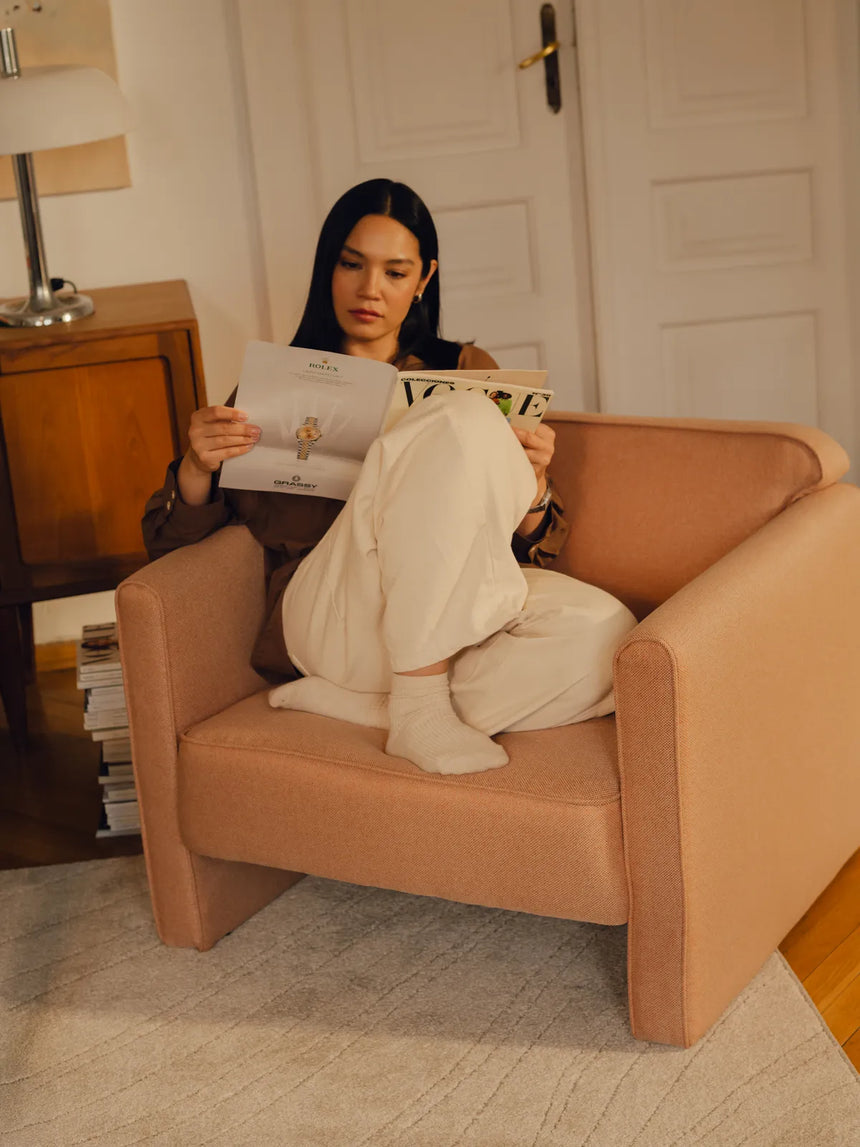 Abby Sessel aus Samt, Strukturstoff oder Boucle, 90x80 cm