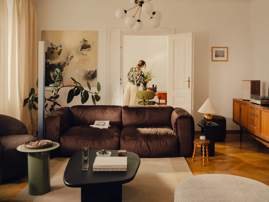 Martina modulares Ecksofa, Rechte Seite, Sitztiefe 76 cm, aus Samt, Cord, Boucle oder Strukturstoff, 280x176 cm - ZEN ZONE Furniture