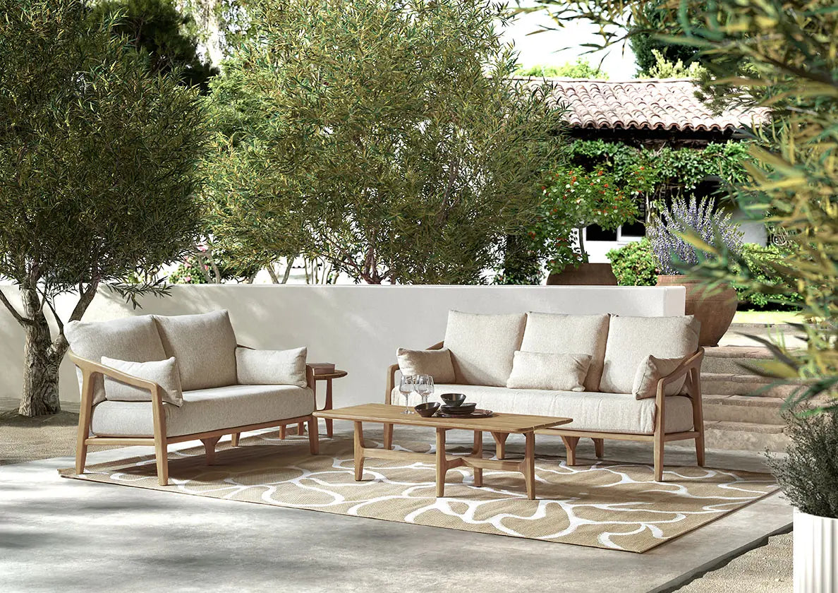 Garten-Sofa 2-Sitzer aus Teakholz in Grau mit beigem Geflecht ANAIS - ZEN ZONE Furniture