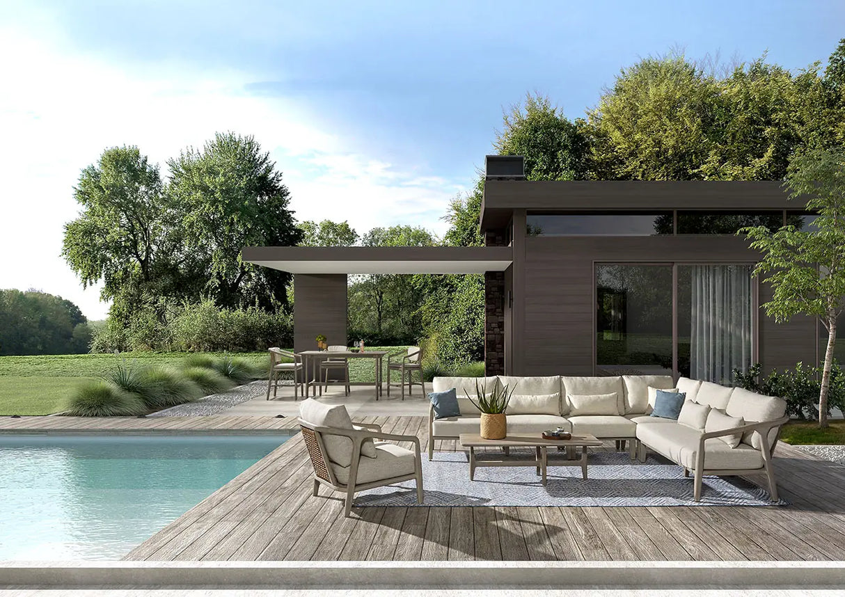 Garten-Sofa 3-Sitzer aus Teakholz in Grau mit beigem Geflecht ANAIS - ZEN ZONE Furniture