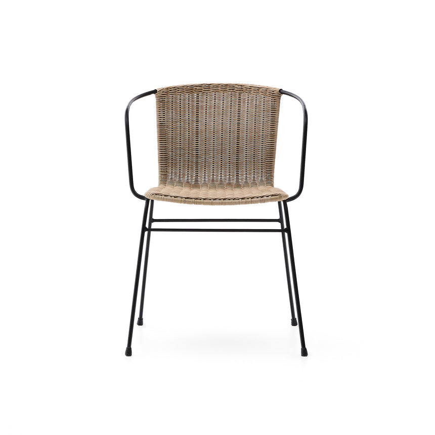 Stapelbarer Stuhl Eltiera aus synthetischem Rattan mit Struktur und Armlehnen aus schwarzem Stahl - ZEN ZONE Furniture