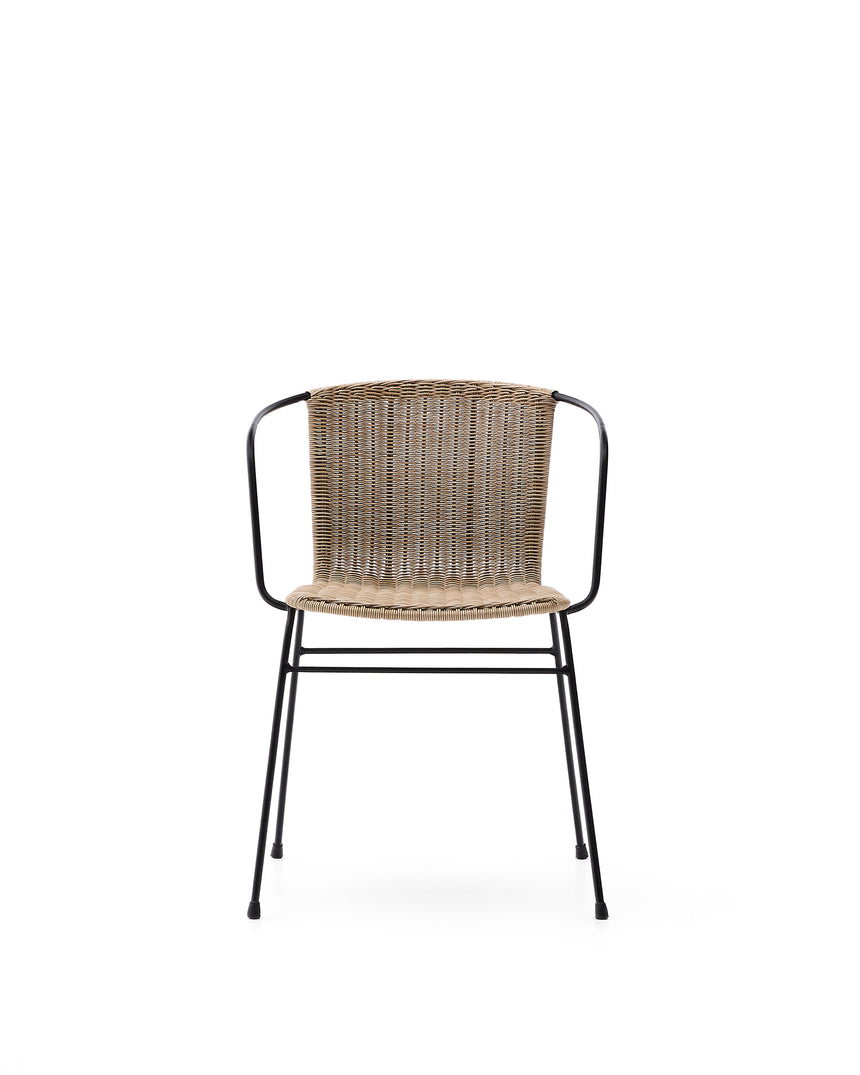 Stapelbarer Stuhl Eltiera aus synthetischem Rattan mit Struktur und Armlehnen aus schwarzem Stahl - ZEN ZONE Furniture