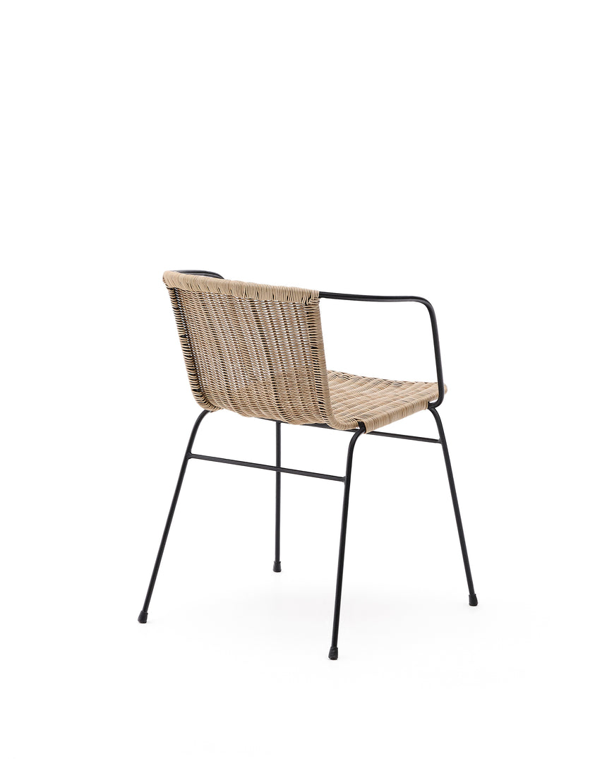 Stapelbarer Stuhl Eltiera aus synthetischem Rattan mit Struktur und Armlehnen aus schwarzem Stahl - ZEN ZONE Furniture